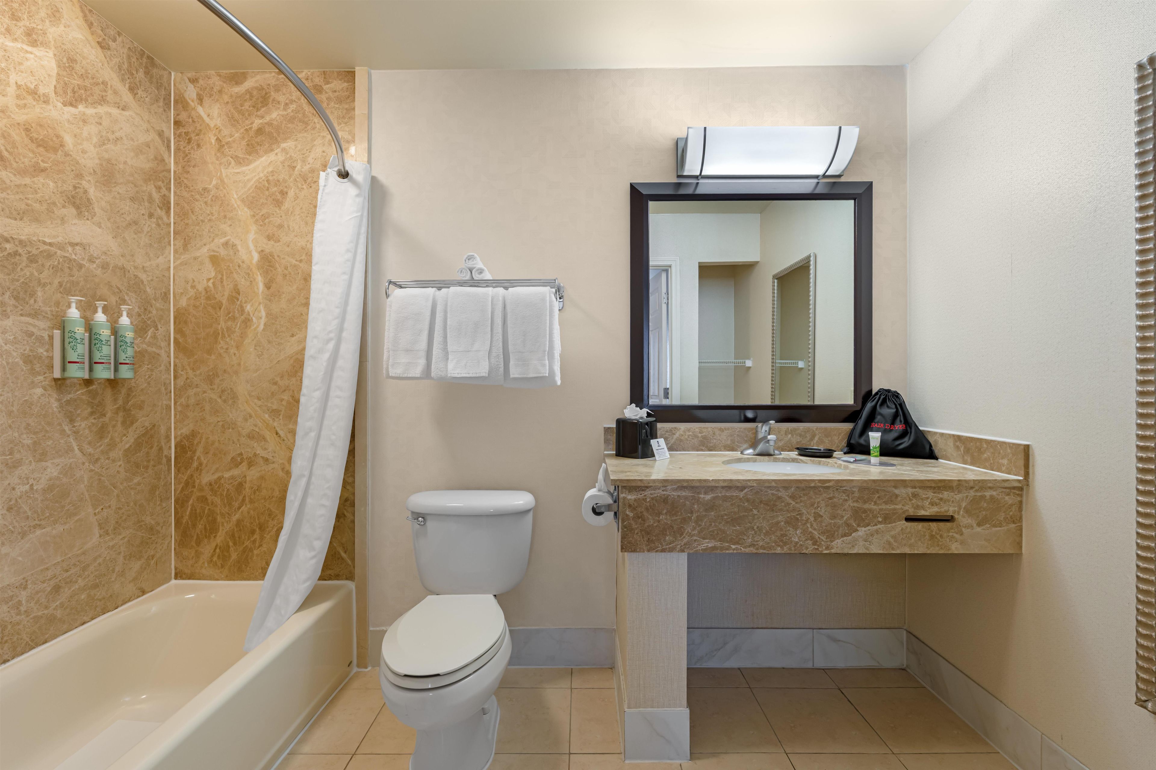 A bathroom with a bathtub, toilet, and a sink with a mirror above it.