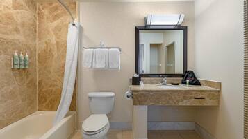 A bathroom with a bathtub, toilet, and a sink with a mirror above it.