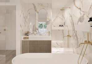Chambre Luxe | バスルーム | デザイナーバスアメニティ、ヘアドライヤー、バスローブ、スリッパ