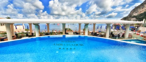 Outdoor pool, pool umbrellas, pool loungers