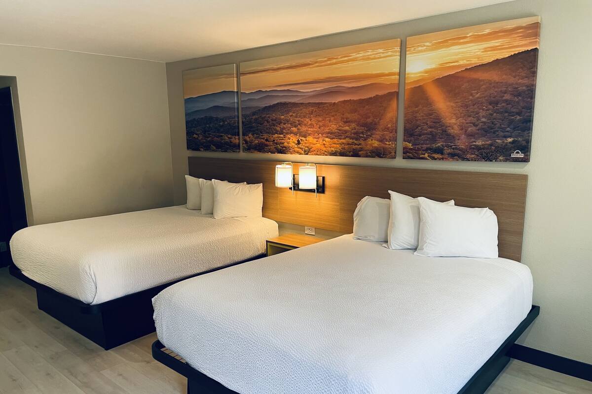 Ein Hotelzimmer mit zwei Betten, einem großen Landschaftsbild über den Betten und einem Nachttisch mit einer Lampe.