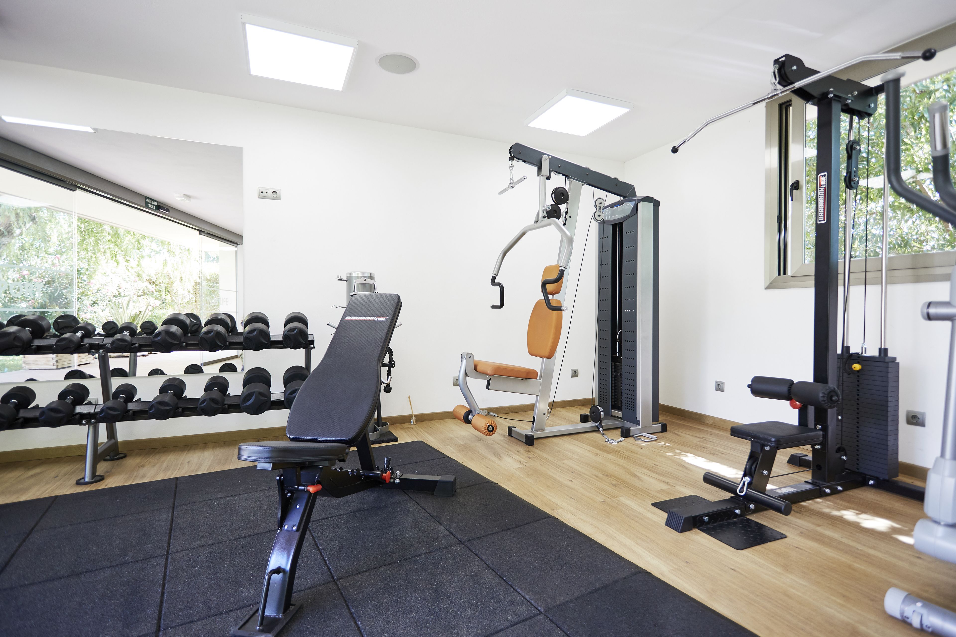 A gym with weightlifting equipment, dumbbells, and benches.
