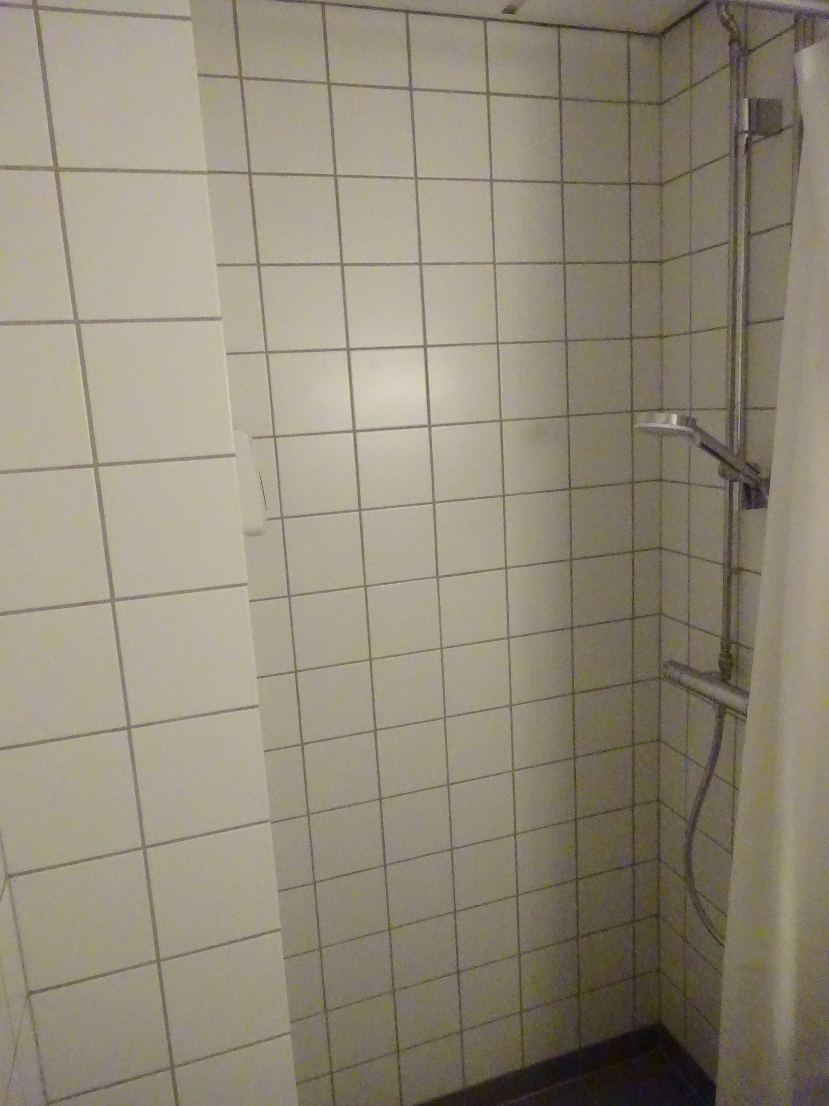 Zona de ducha con azulejos, cabezal de ducha y cortina.
