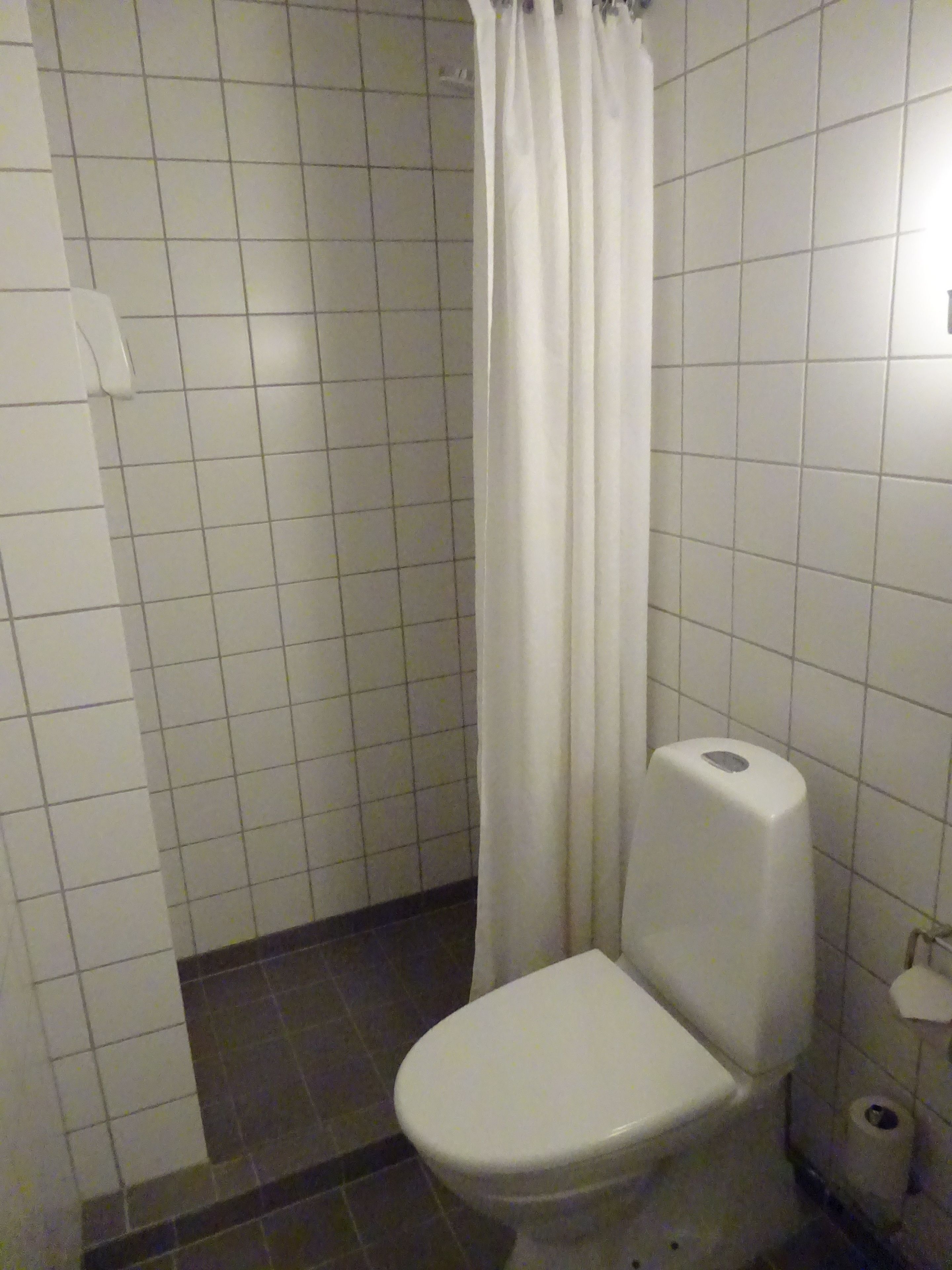 Un baño pequeño con inodoro, cortina de ducha y dispensador de papel higiénico.