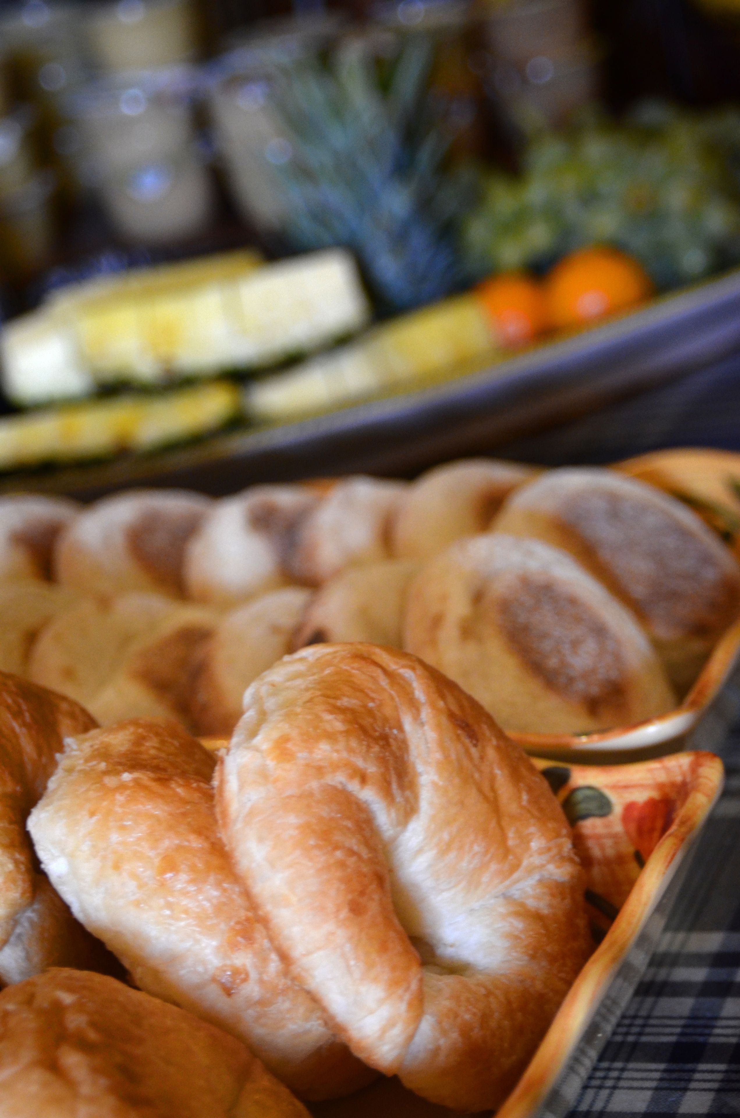 A tray of freshly baked bread rolls.