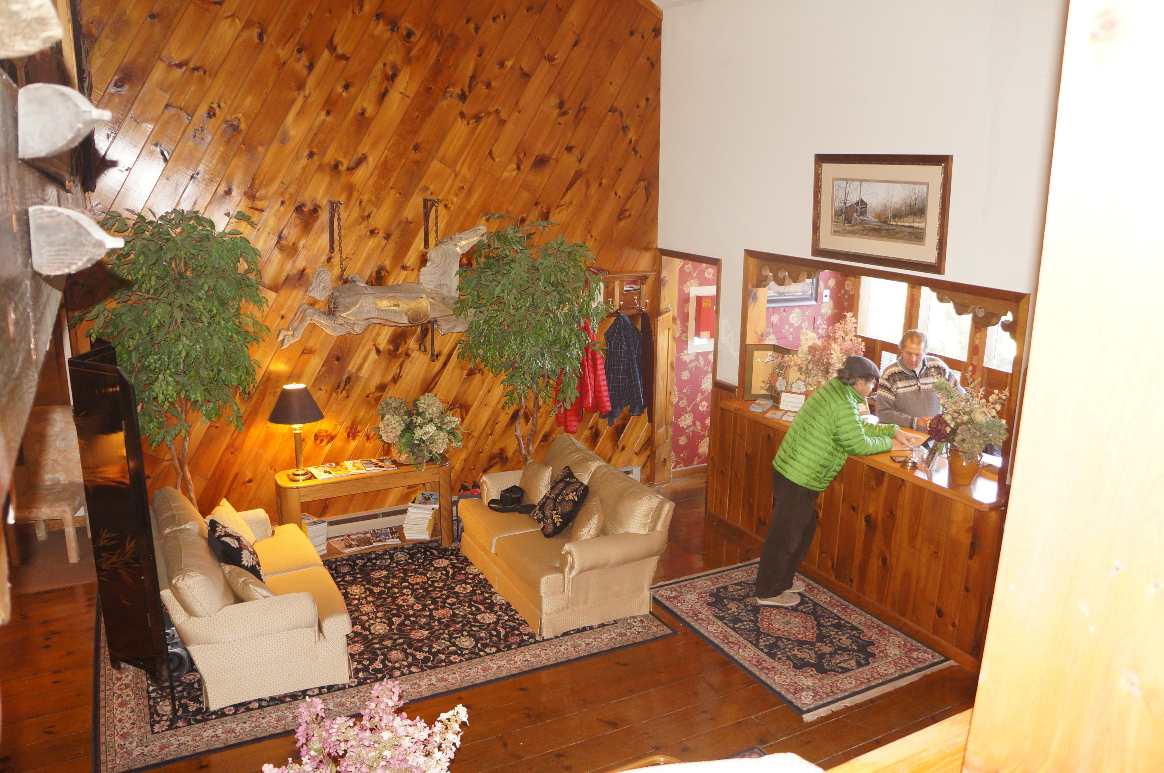 Un interior de madera con un sofá, dos plantas en macetas, una lámpara y un cuadro en la pared.