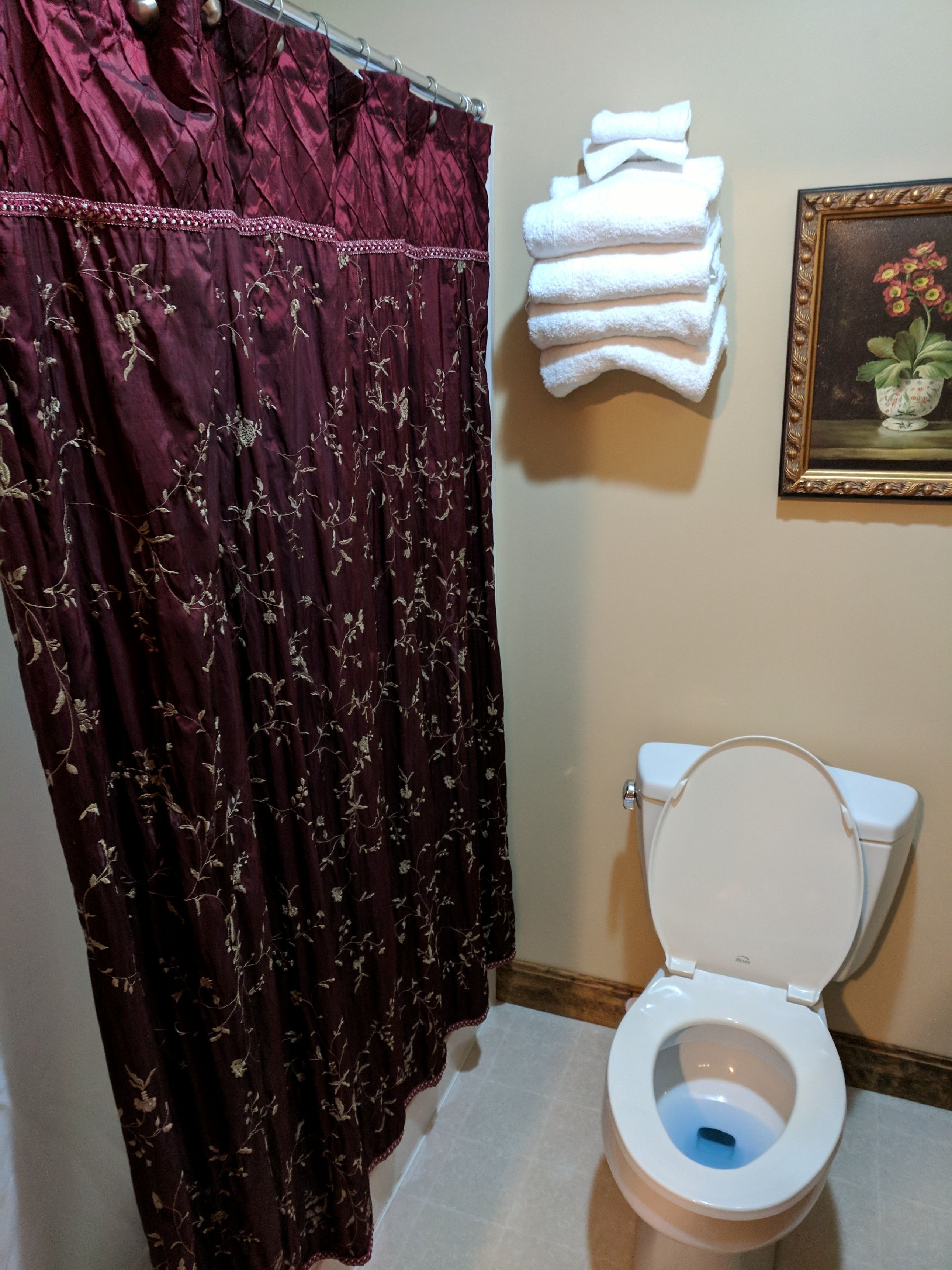 Ein Badezimmer mit Toilette, Duschvorhang und einem Stapel Handtücher.