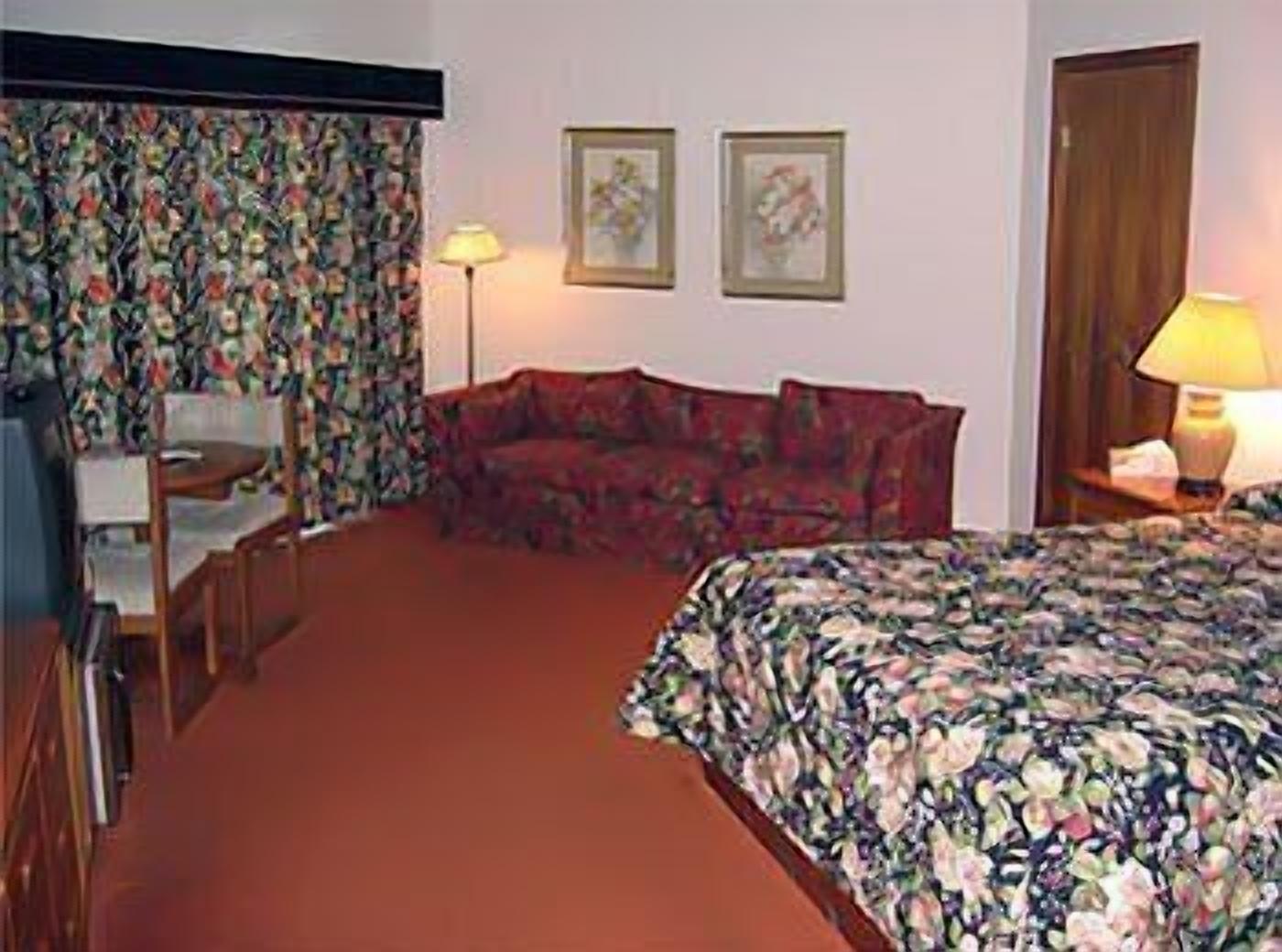A hotel room with a bed, a sofa, a desk, and two lamps.
