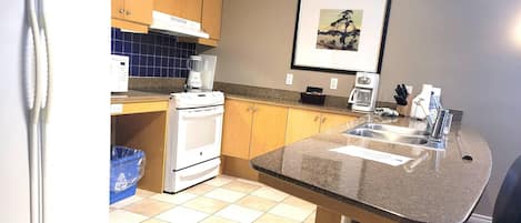 A kitchen with a refrigerator, stove, microwave, and sink.