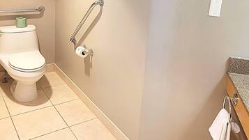 A bathroom with a toilet, grab bars, a towel rack, and a toilet paper holder.