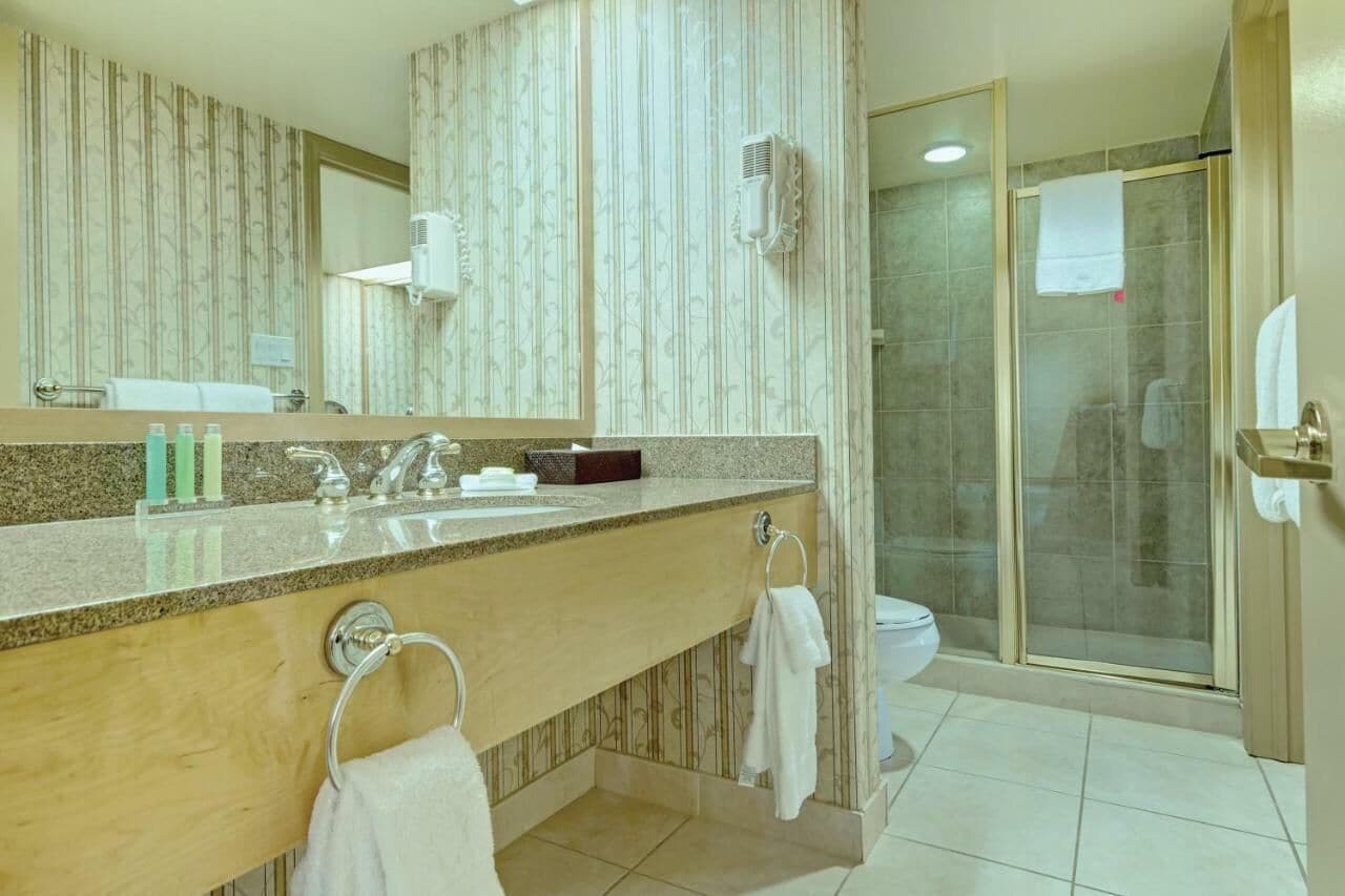 Un baño con tocador de mármol, cabina de ducha de vidrio y un inodoro.