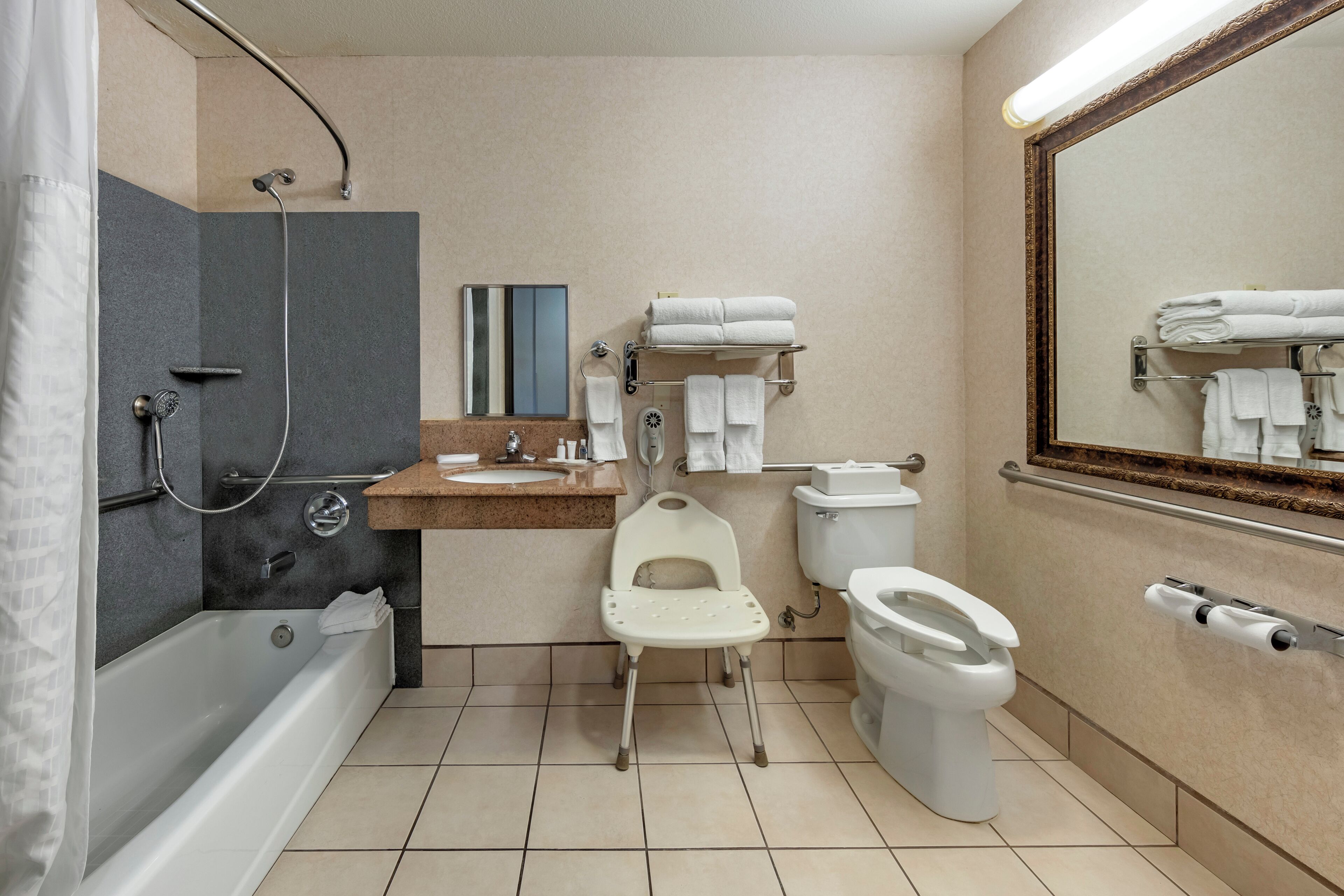 free toiletries, hair dryer, soap, shampoo