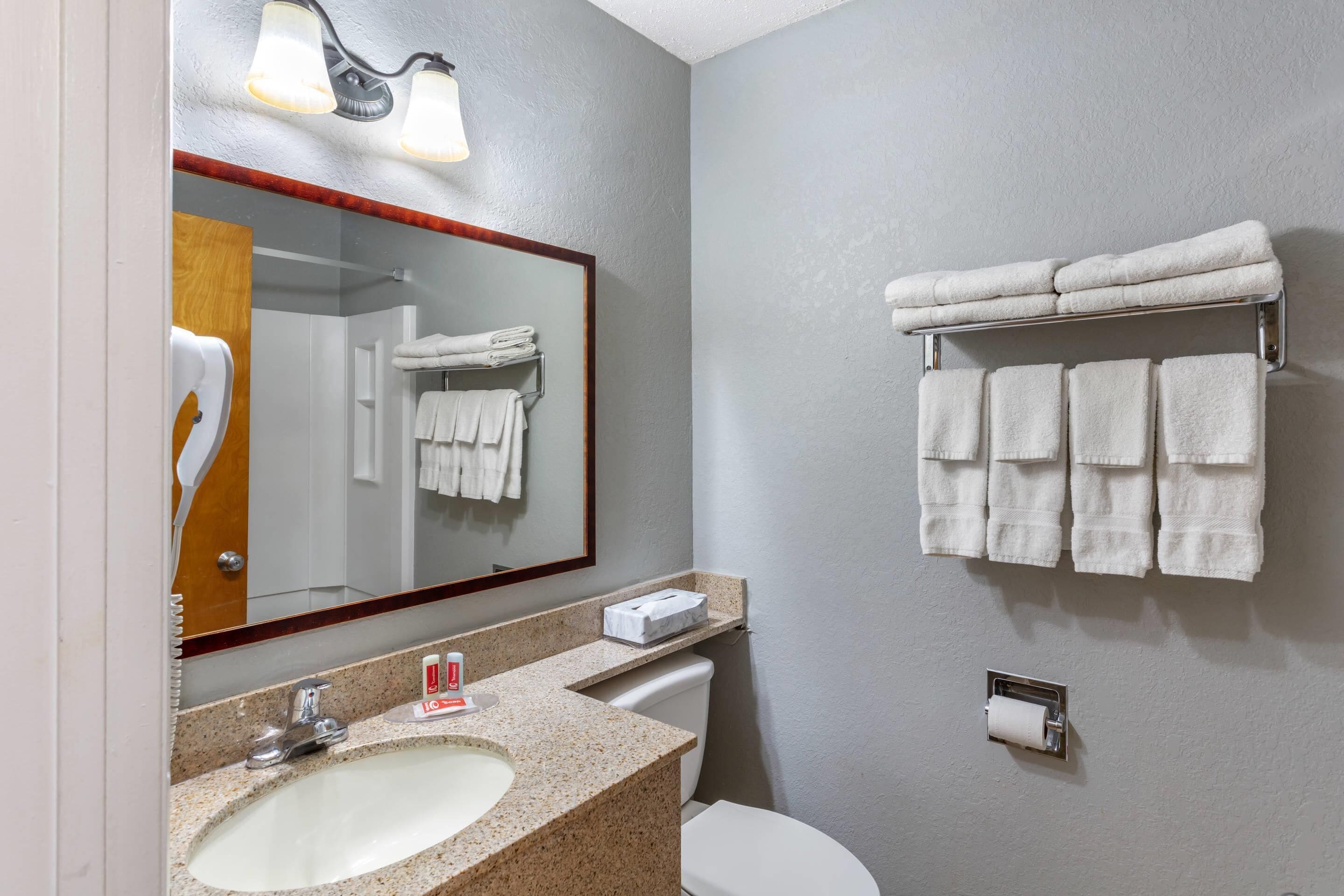 Une salle de bain équipée d’un lavabo, d’un miroir, d’un porte-serviettes et de toilettes.