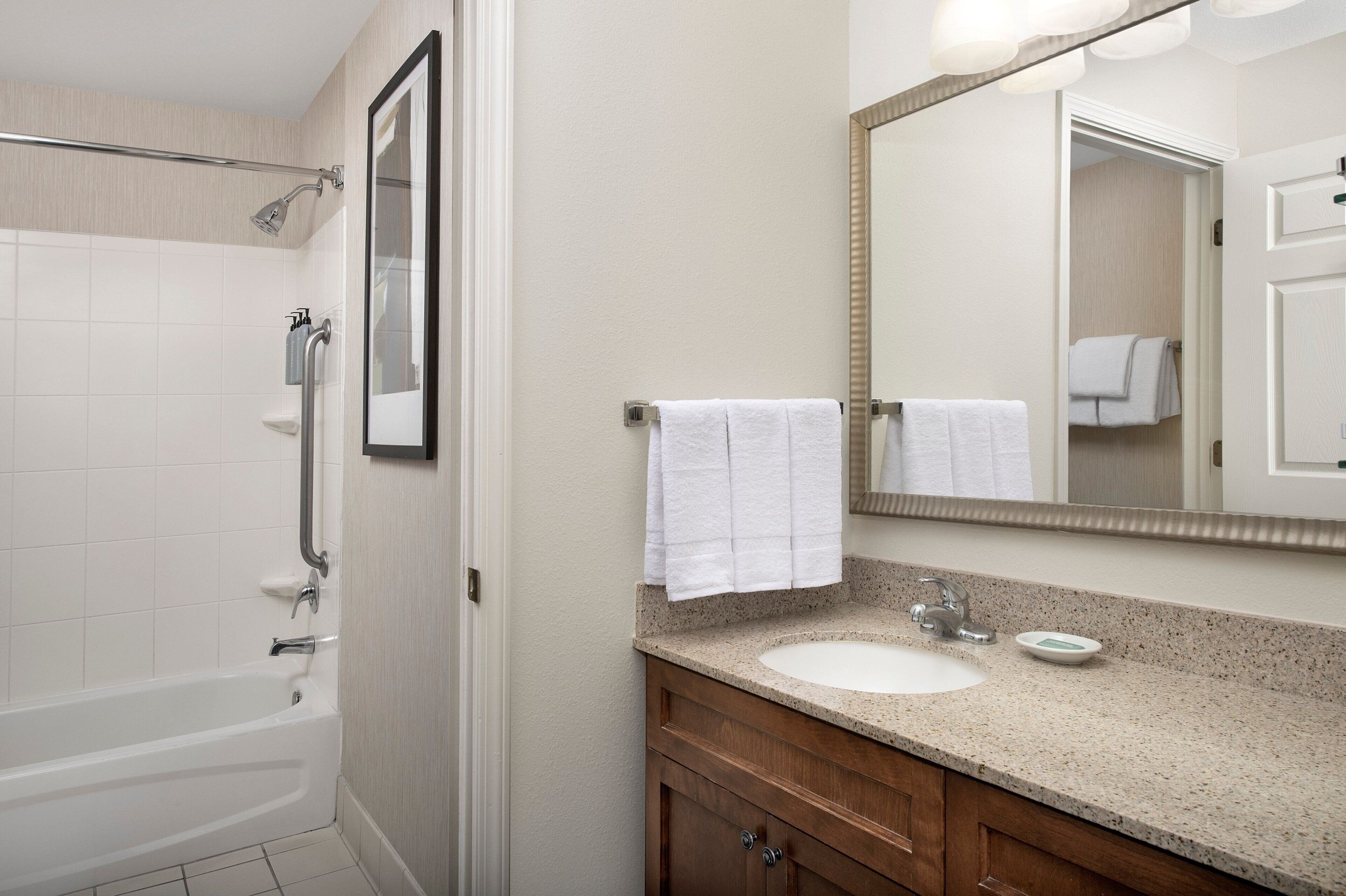 combined shower/bathtub, free toiletries, hair dryer, towels