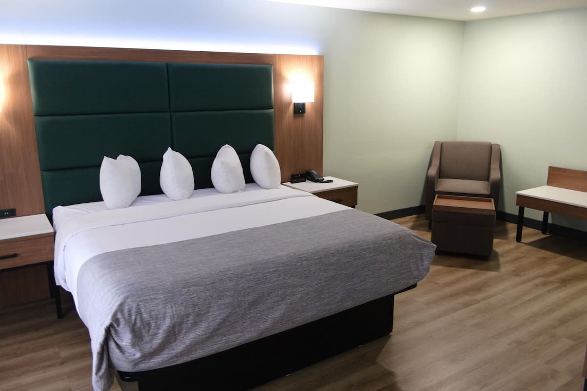 A modern hotel room with a large bed, a wooden headboard, a bedside table with a phone, a chair, and a small table.