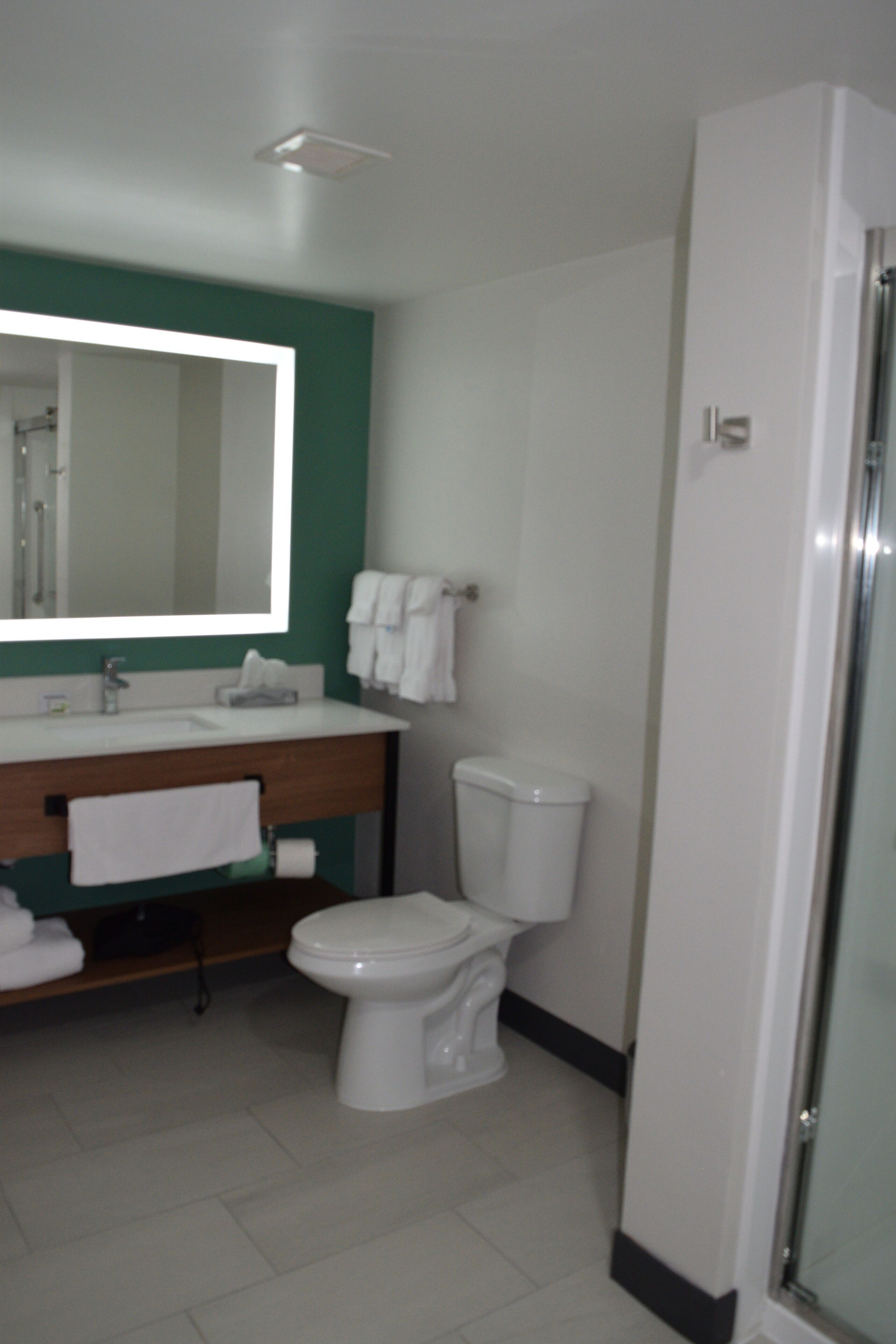 Une salle de bain avec des toilettes blanches, un lavabo avec un miroir et un espace douche.