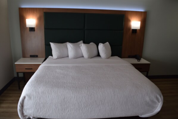 Una cama grande con cabecera oscura, dos mesitas de noche con lámparas y suelo de madera.