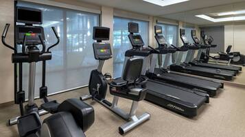 A gym with multiple treadmills and elliptical machines, large windows, and a carpeted floor.