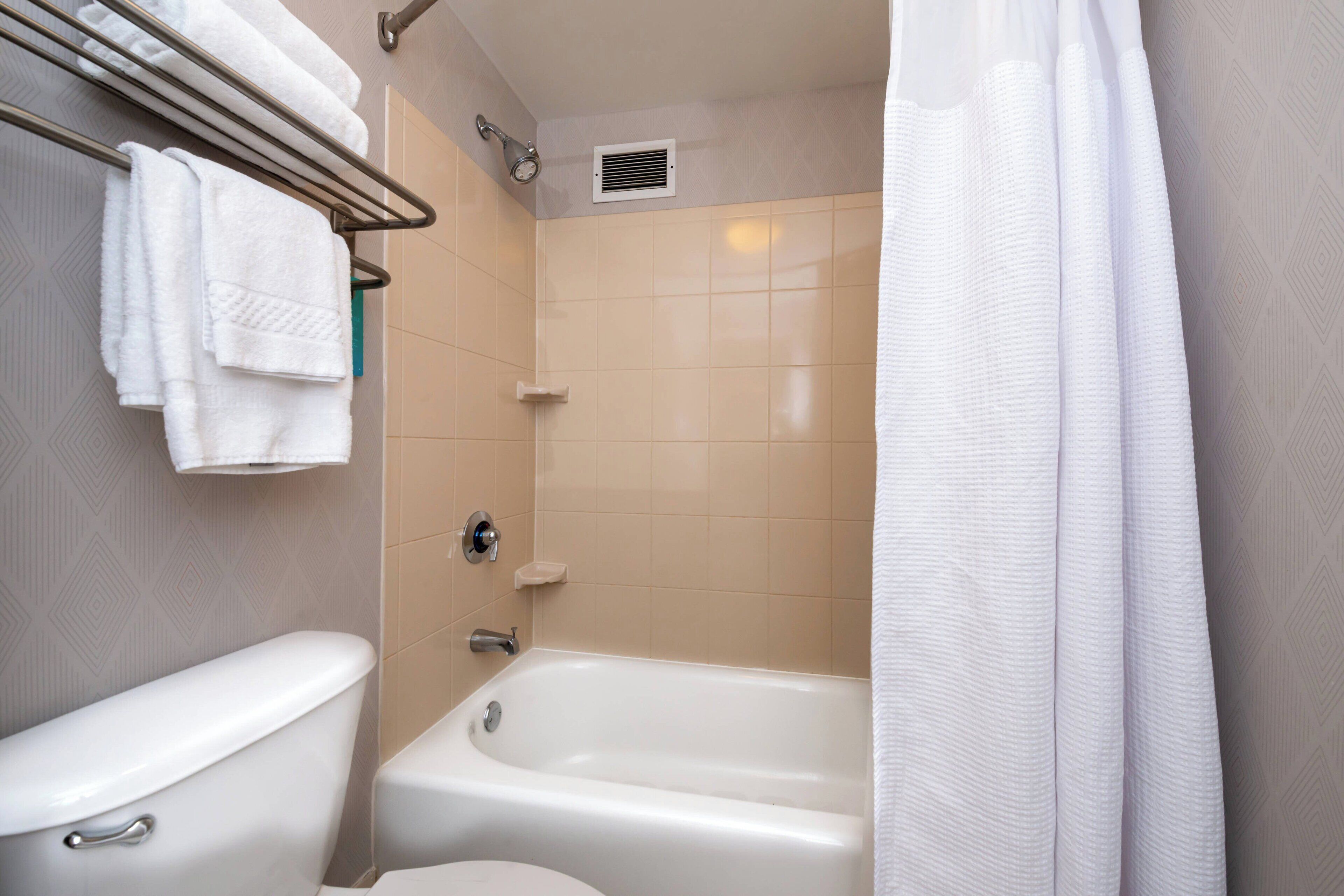 combined shower/bathtub, free toiletries, hair dryer, towels