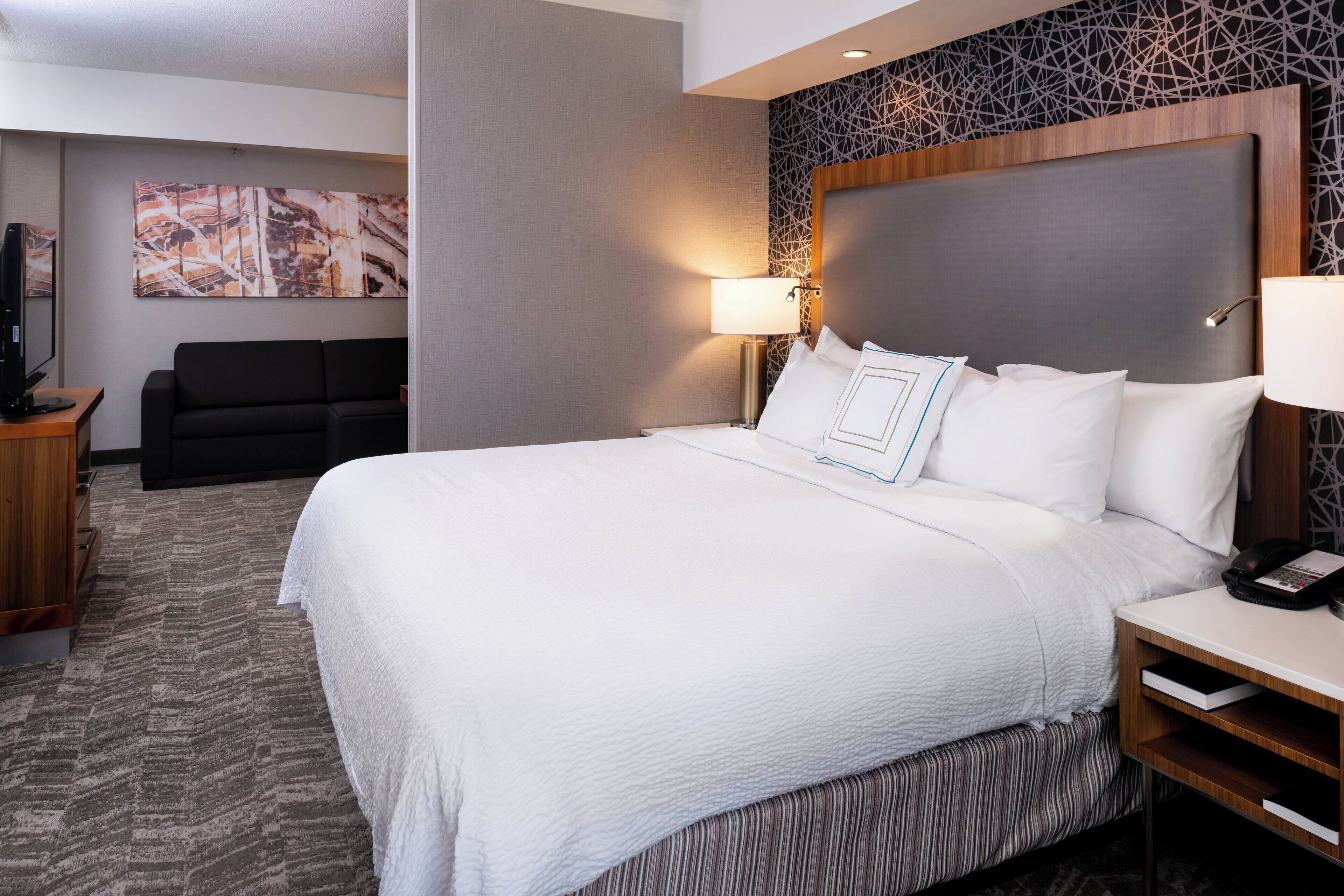 Une chambre d’hôtel avec un grand lit, un téléviseur à écran plat, un canapé et un mur décoré de motifs.