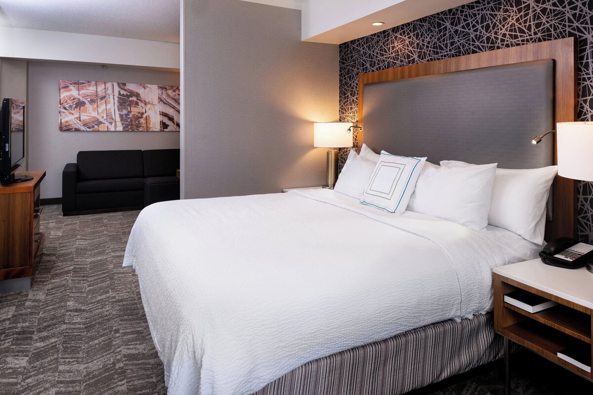 A hotel room with a large bed, a flat-screen TV, a sofa, and a patterned wall.