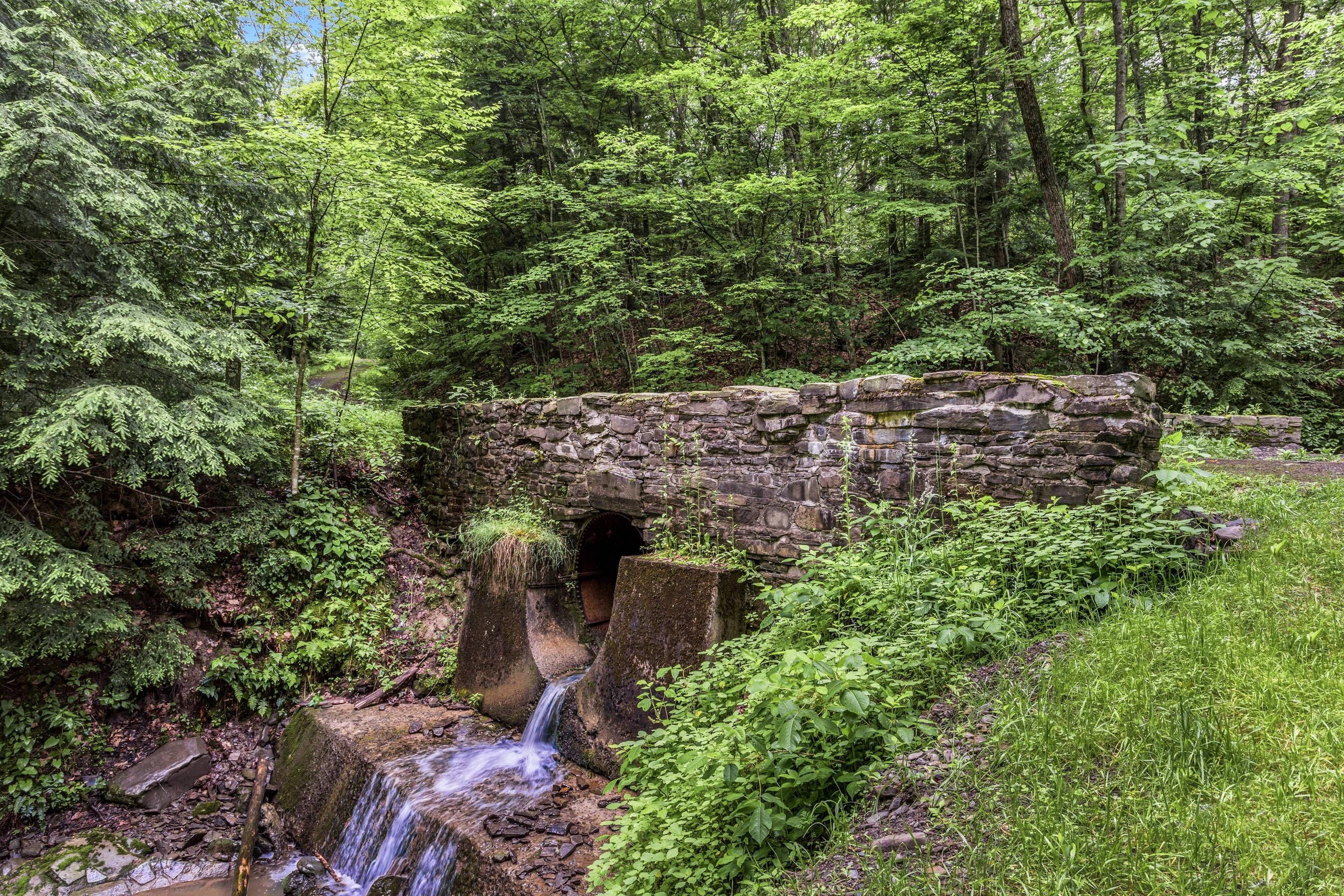 A stone bridge over a small stream in a forested area.