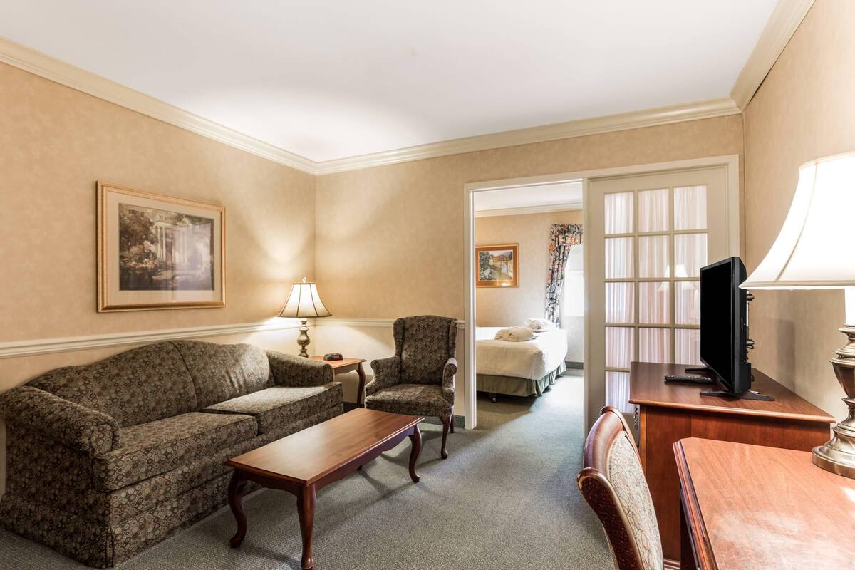 Ein Hotelzimmer mit einer Couch, einem Sessel, einem Holztisch, einem Fernseher auf einem Schreibtisch und einem Bett mit einem Nachttisch.