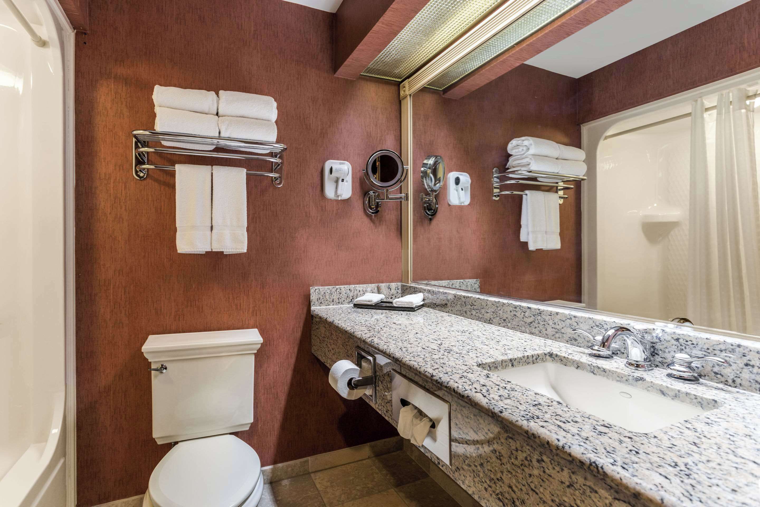 Un baño con lavamanos de mármol, inodoro y un perchero para toallas.