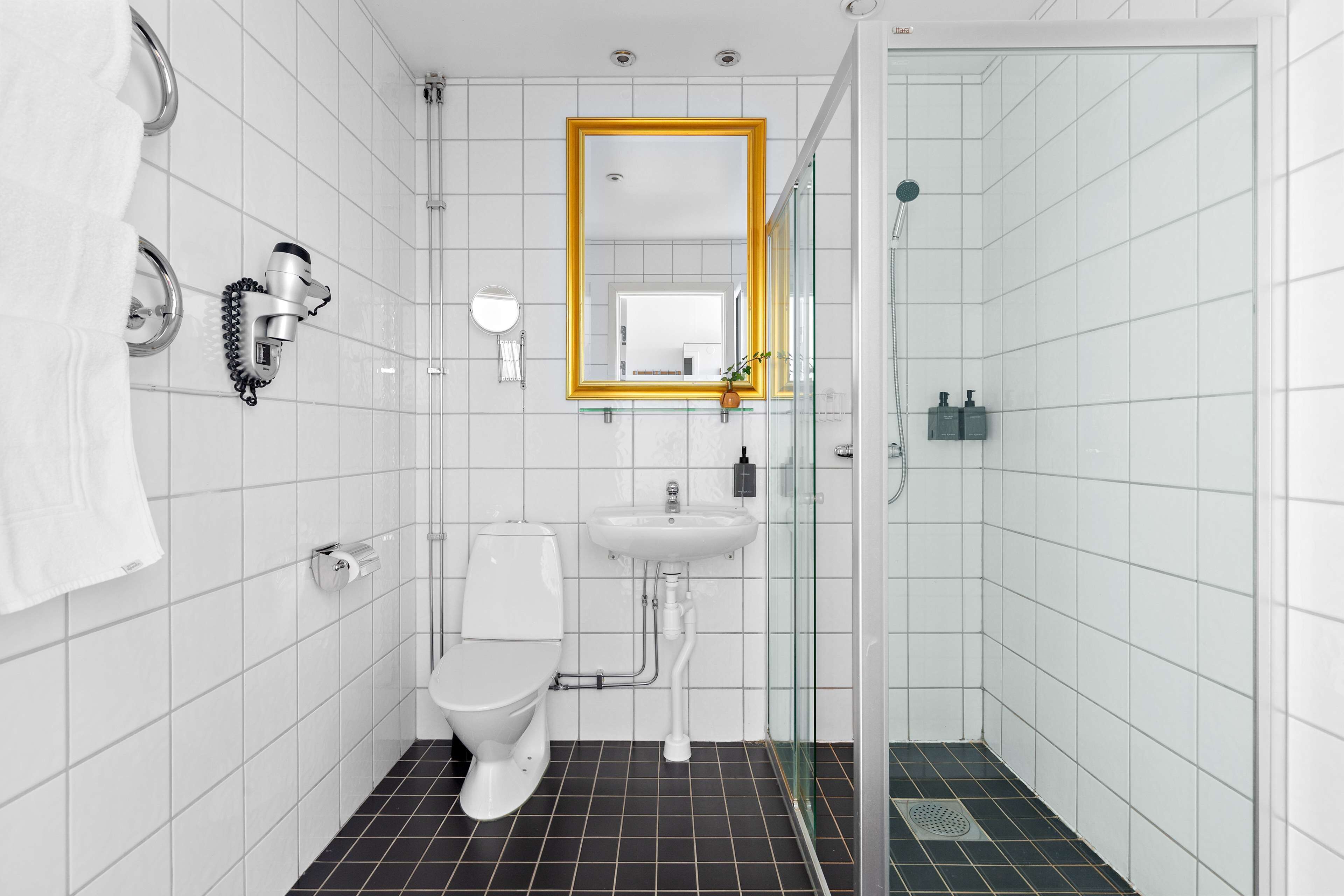 shower, eco-friendly toiletries, hair dryer, towels