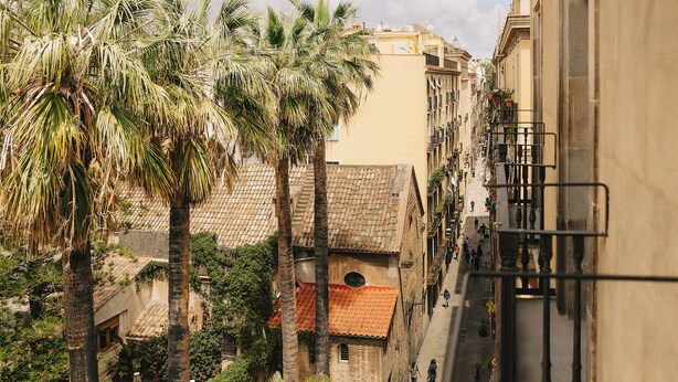 Un vicolo stretto con edifici che presentano balconi, palme e un cielo sereno.