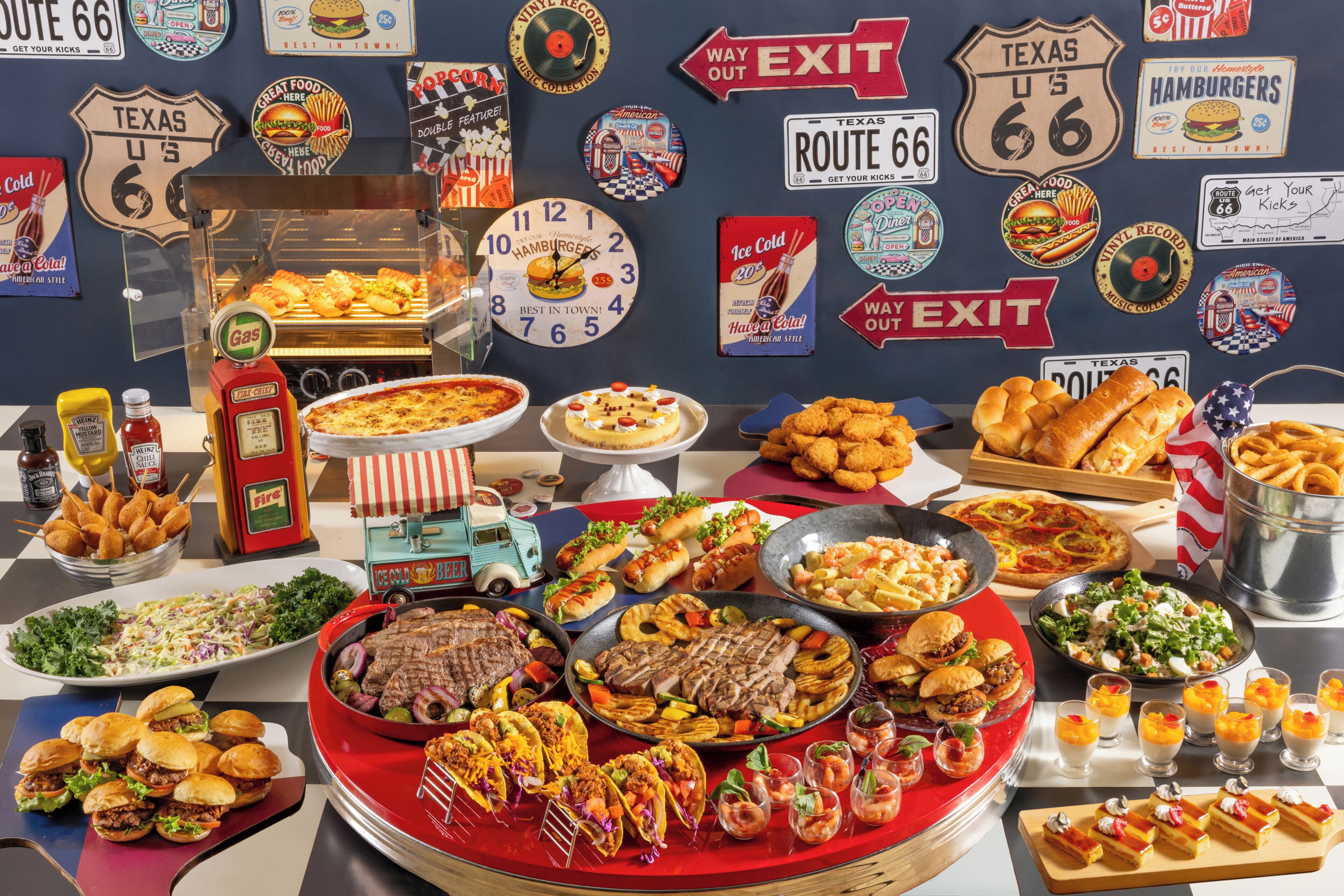 A variety of food items and vintage Route 66 memorabilia on display.