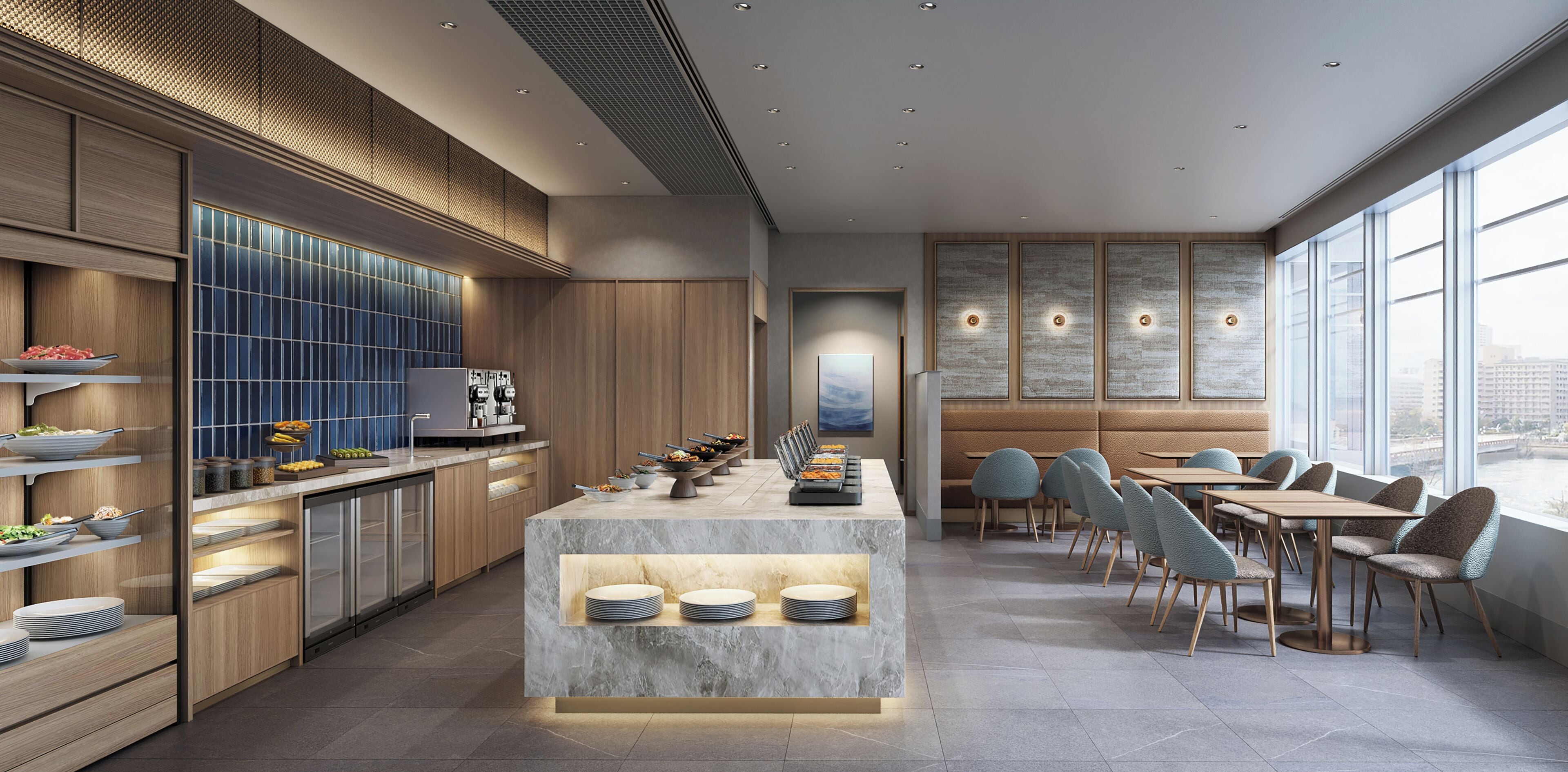 A modern restaurant with a long counter, seating area, and large windows.