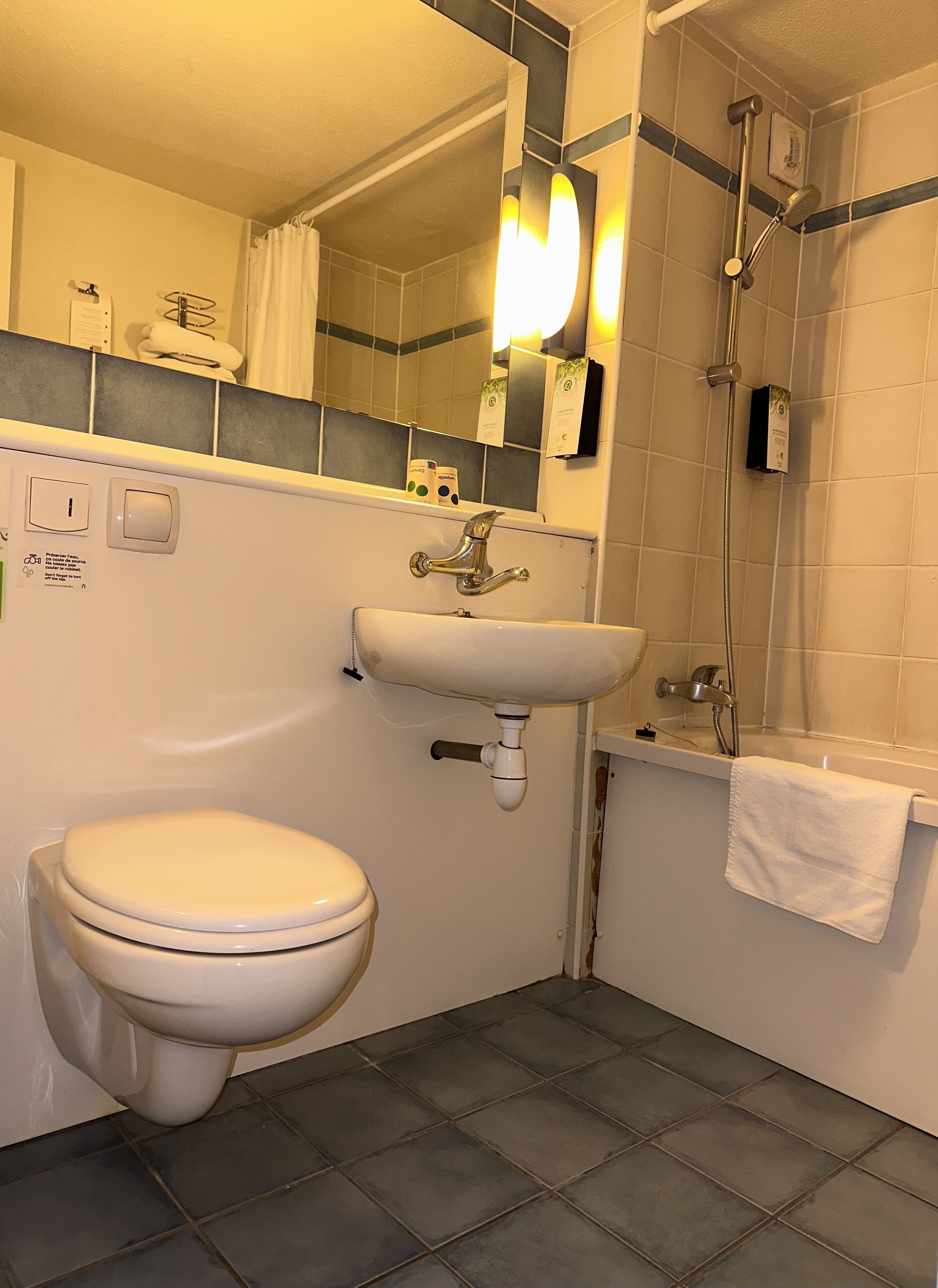Ein Badezimmer mit Toilette, Waschbecken und Dusche.