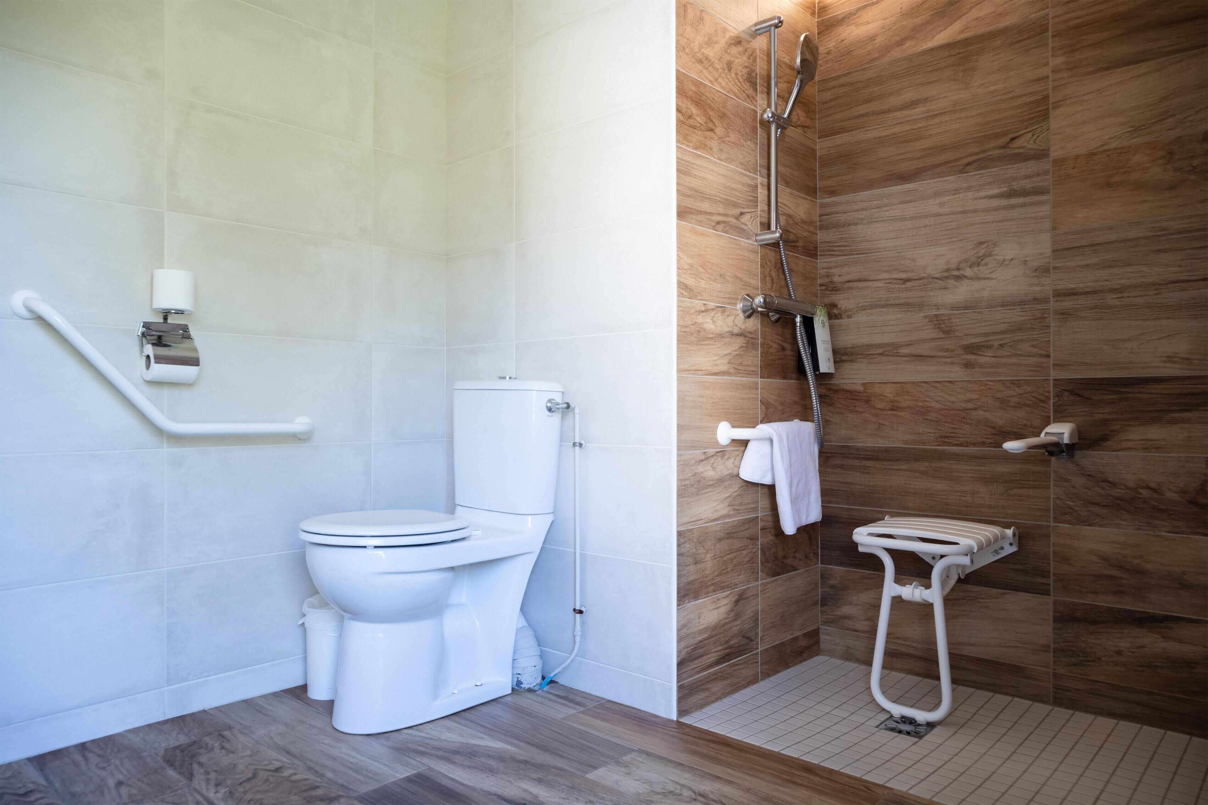A bathroom with a toilet, a shower, and a grab bar.