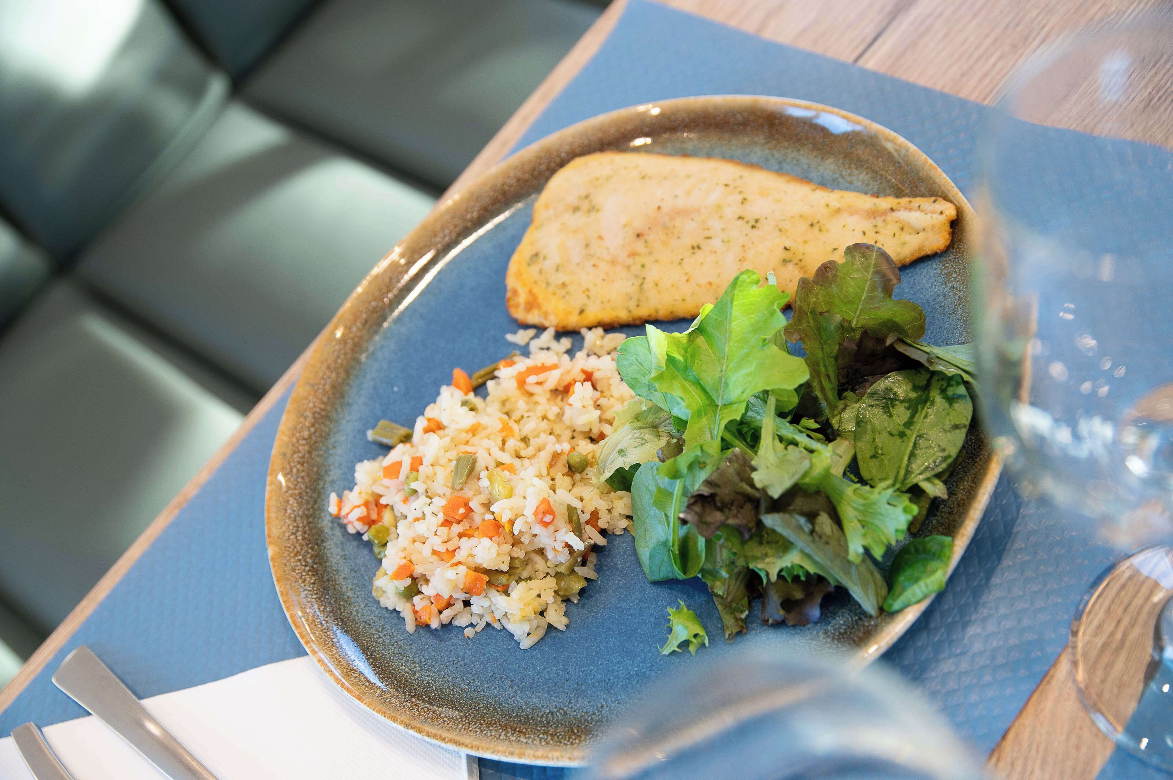 Un plato de arroz, verduras y un trozo de carne sobre una mesa azul.