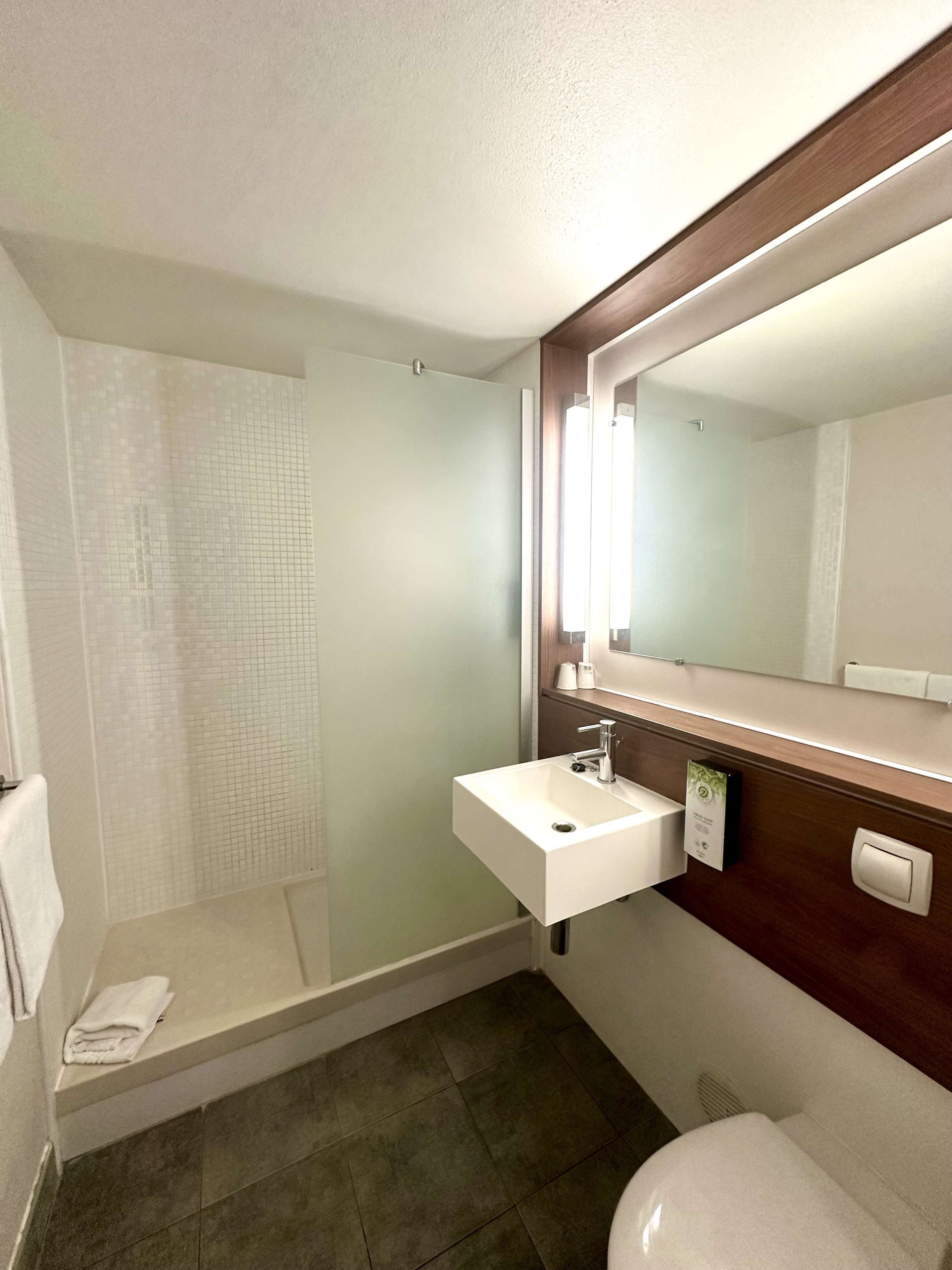 Eco-friendly toiletries, hair dryer, towels, soap