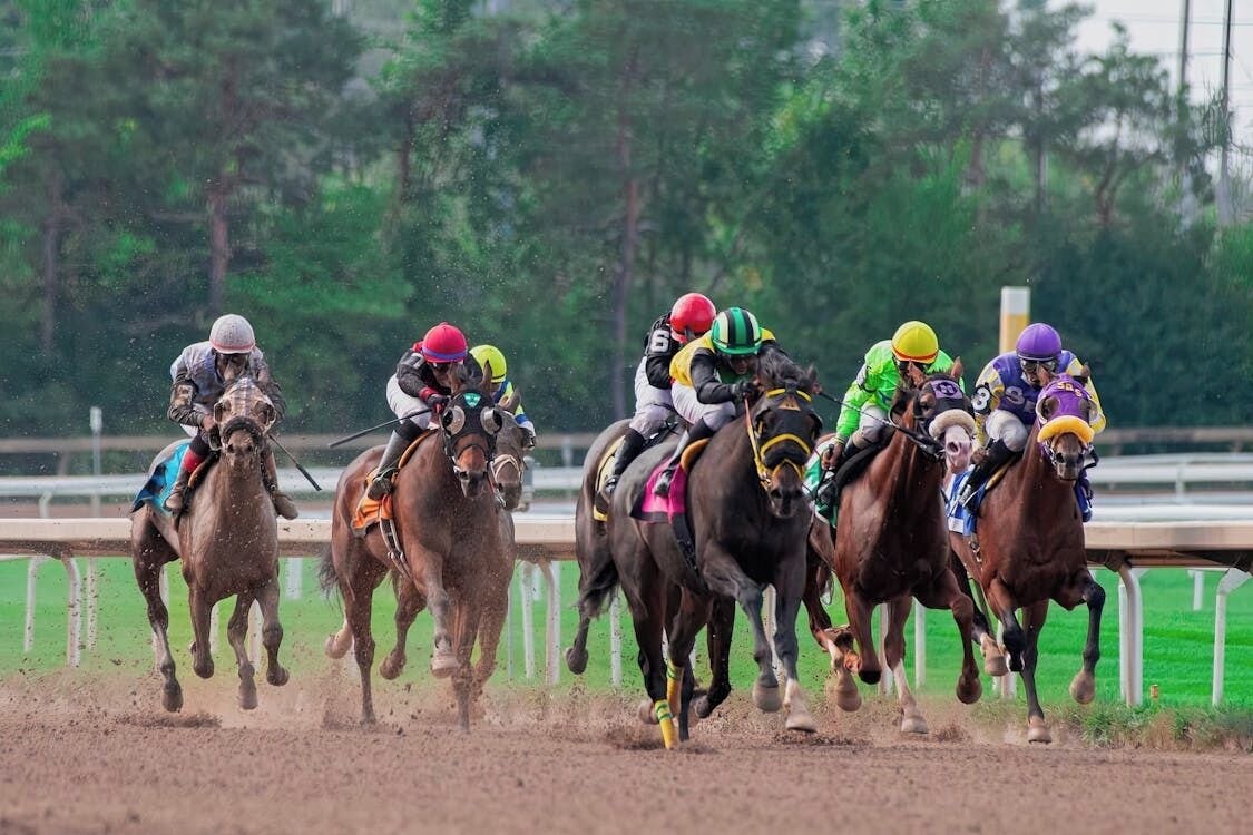 A horse race with jockeys on horses.