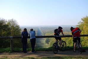 A group of people standing by a railing overlooking a valley.