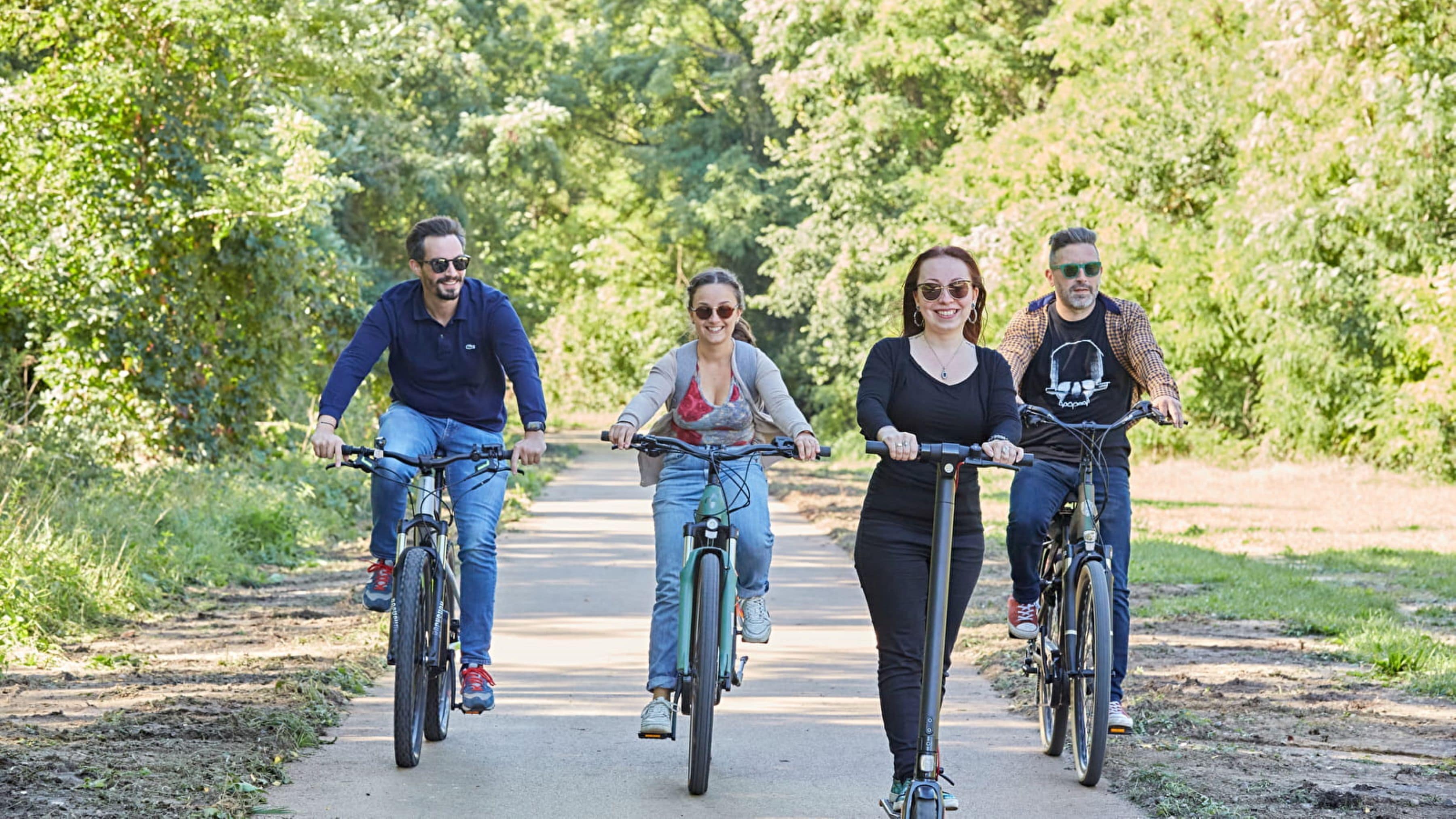 Four people riding bicycles on a paved path surrounded by greenery.