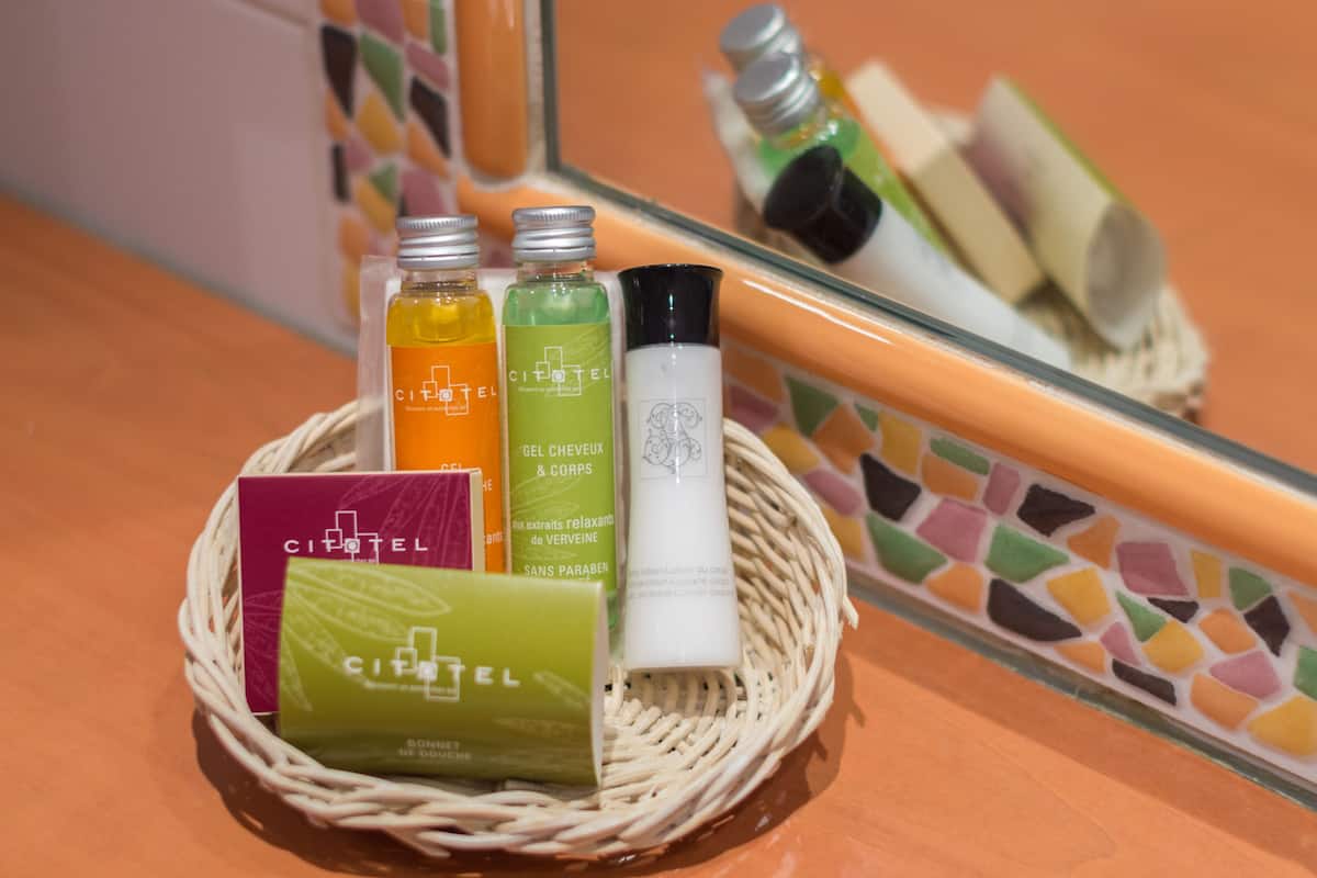 free toiletries, hair dryer, towels, shampoo