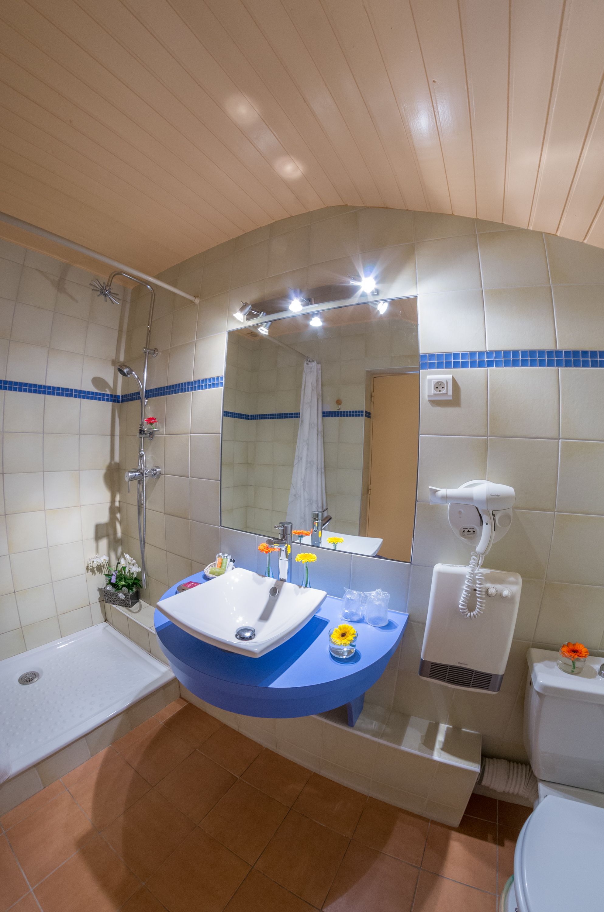 free toiletries, hair dryer, towels, shampoo