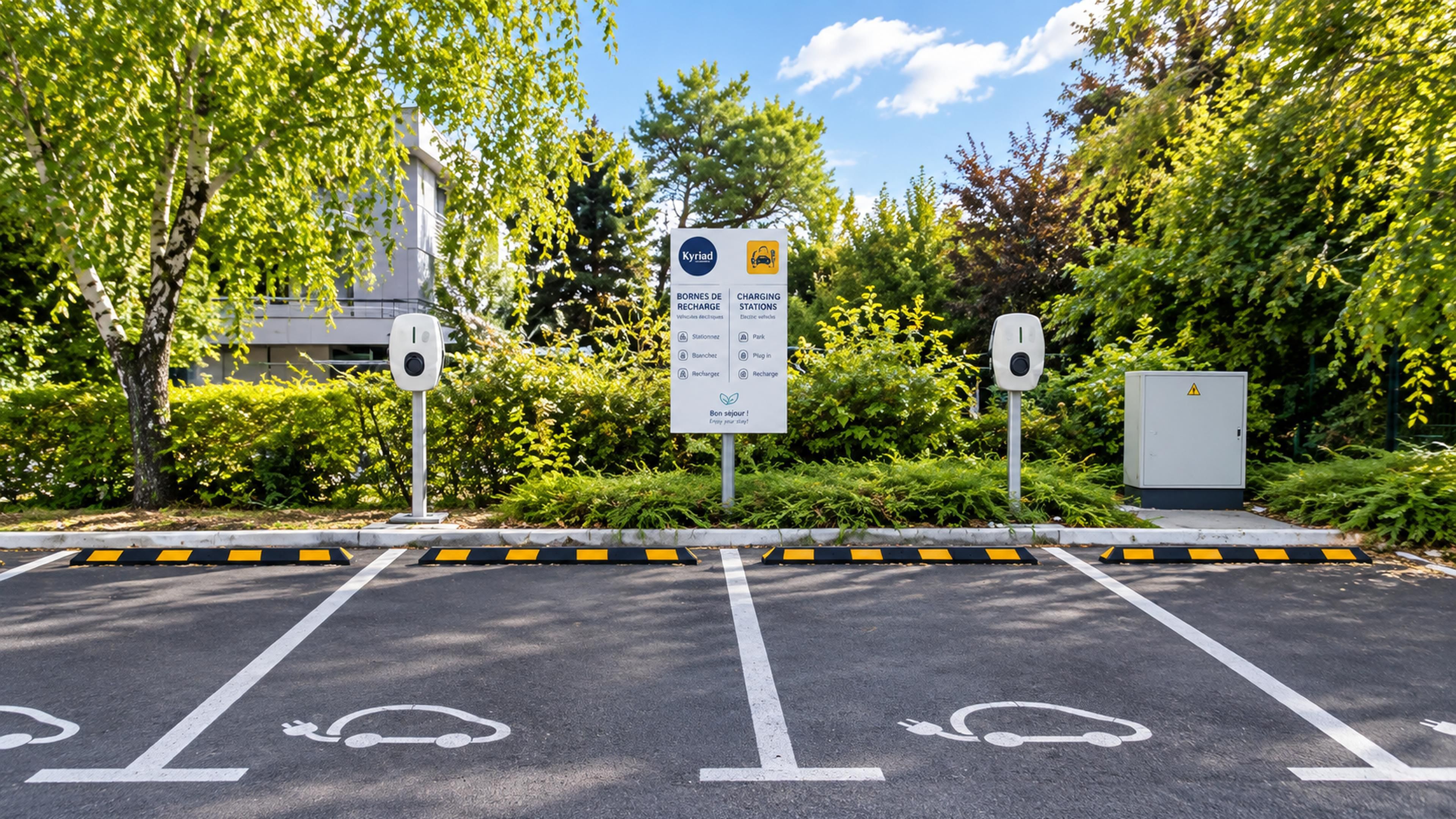 Un espace de stationnement équipé de bornes de recharge pour véhicules électriques, avec des emplacements de stationnement clairement délimités et un panneau indiquant la présence de ces bornes de recharge.