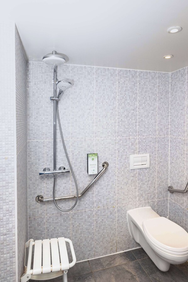 A bathroom with a shower, toilet, and grab bar. - Campanile NATURE - Marne La Vallée - Chelles (Chelles)