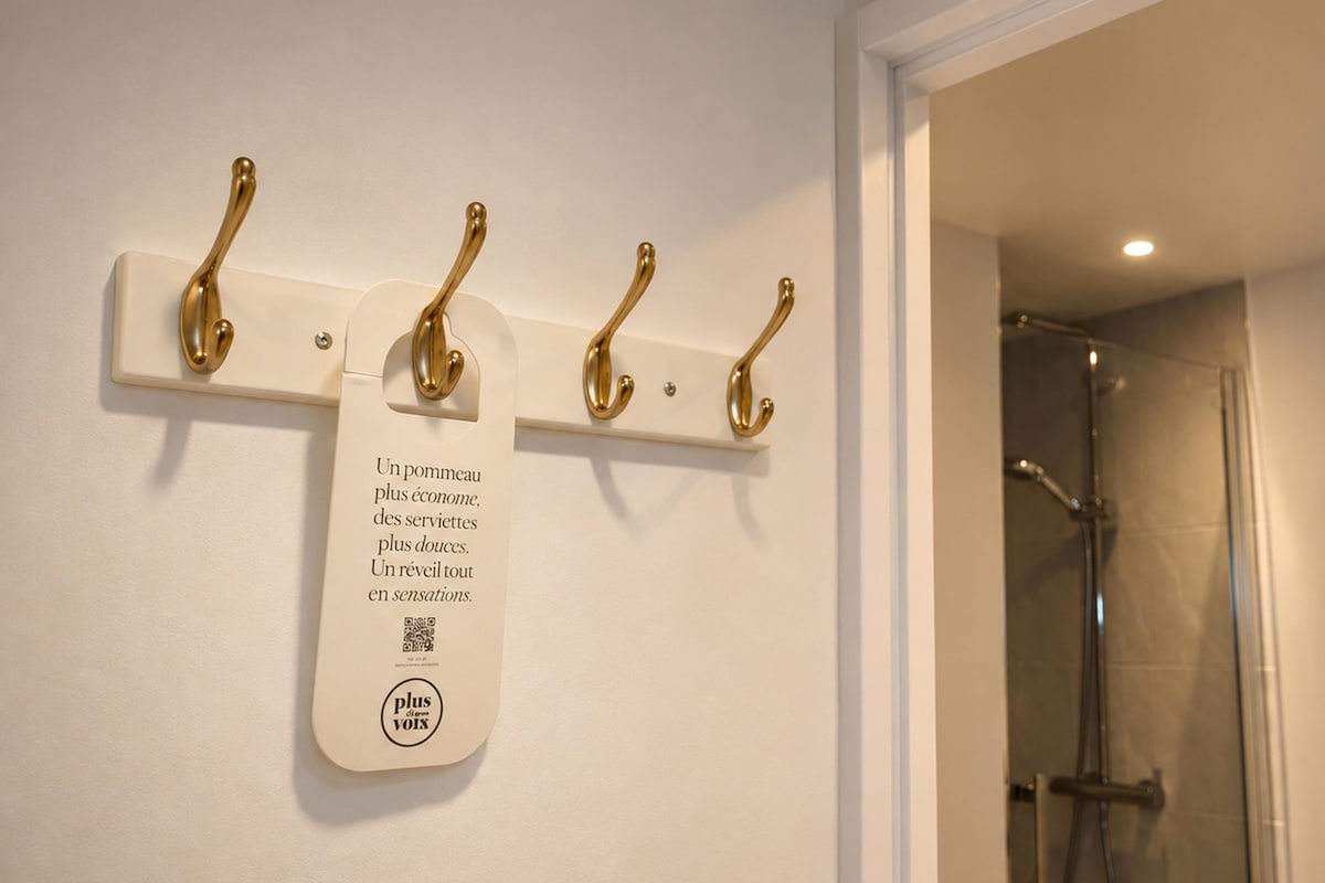 Une salle de bain avec une douche, un porte-serviettes fixé au mur et un panneau avec du texte.