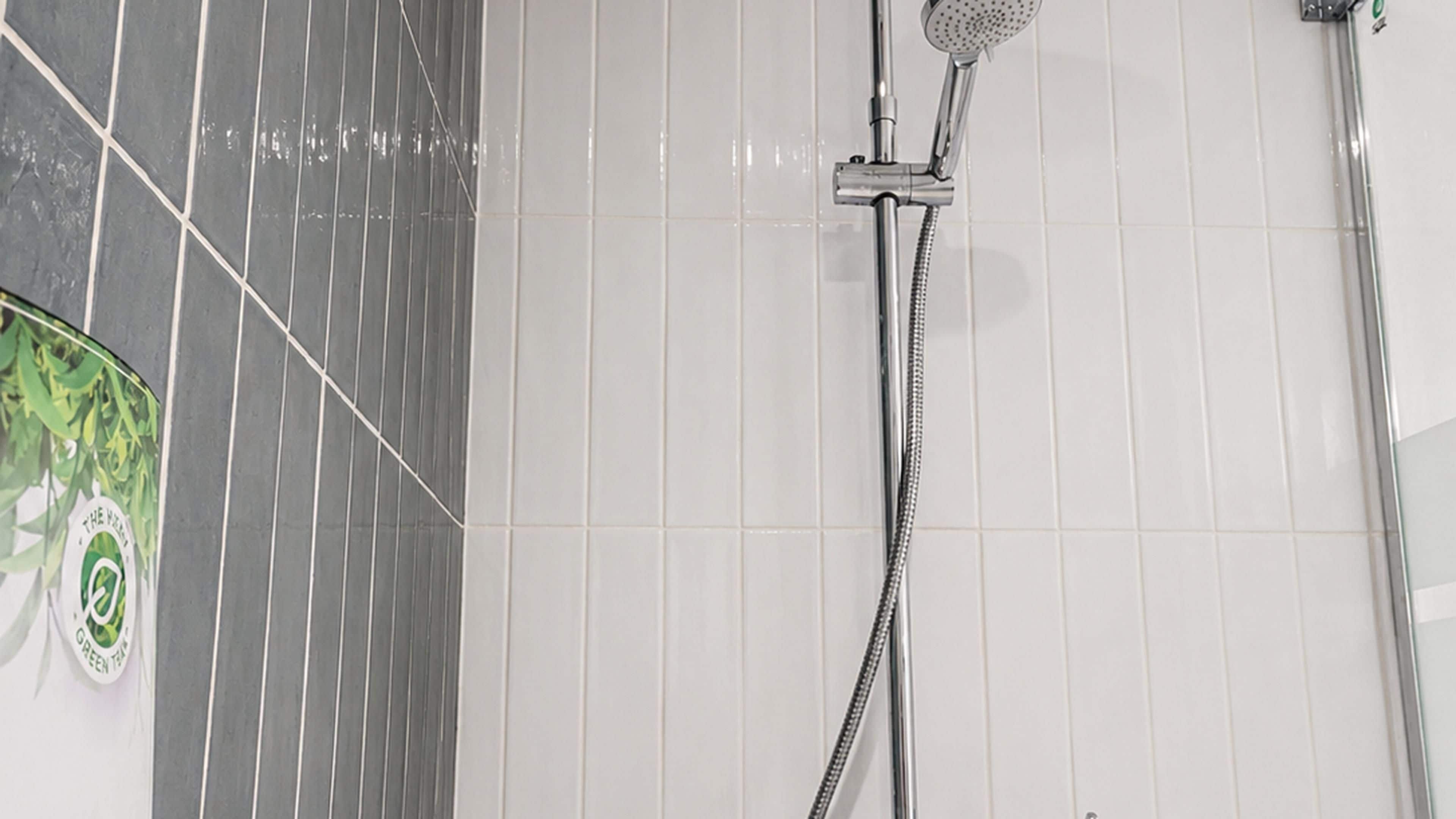 A shower with a handheld showerhead and a hose, against a tiled wall with a green and white pattern.