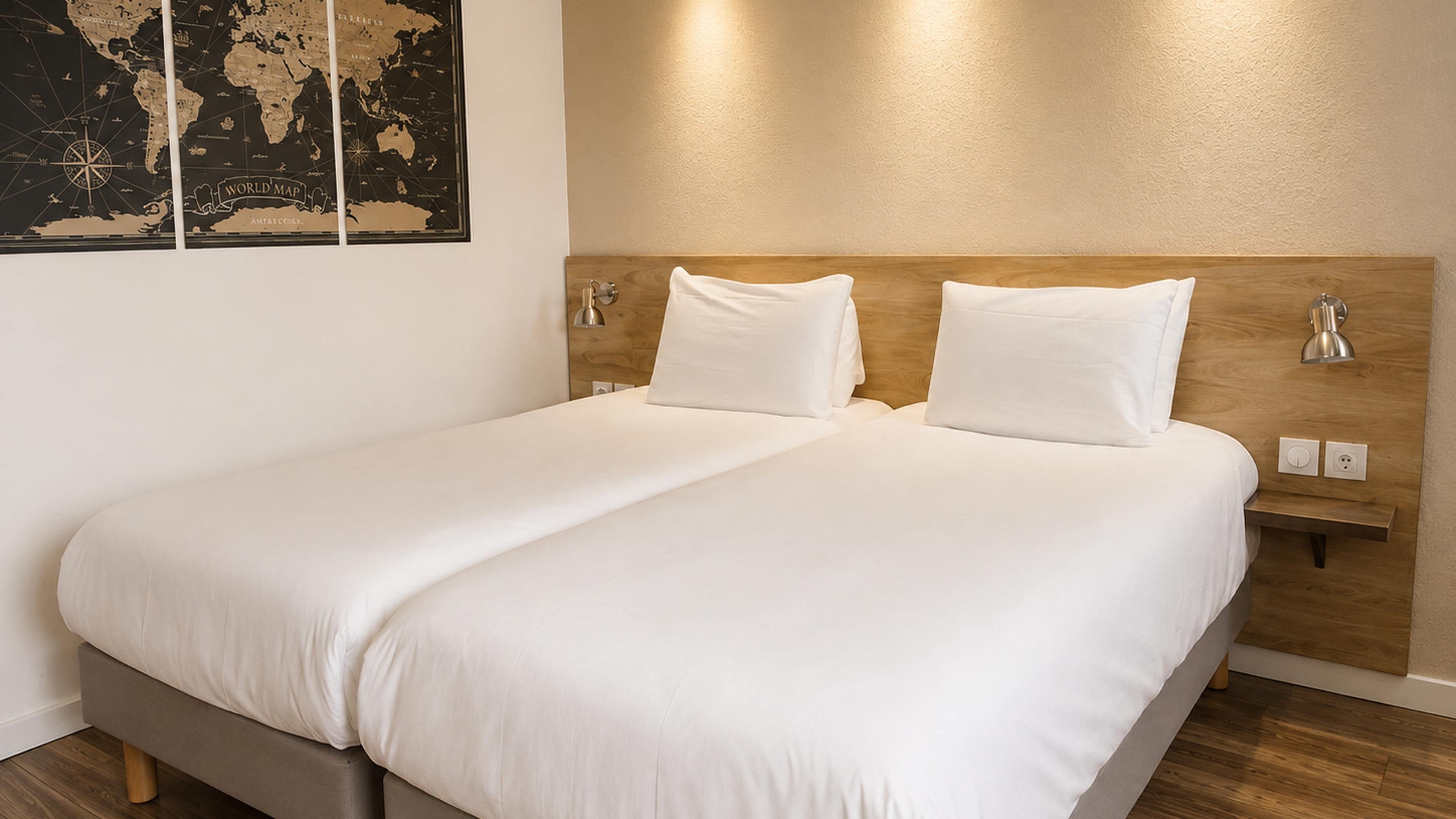 Un lit double avec du linge de lit blanc, une tête de lit en bois, des lampes de chevet et une carte du monde accrochée au mur.