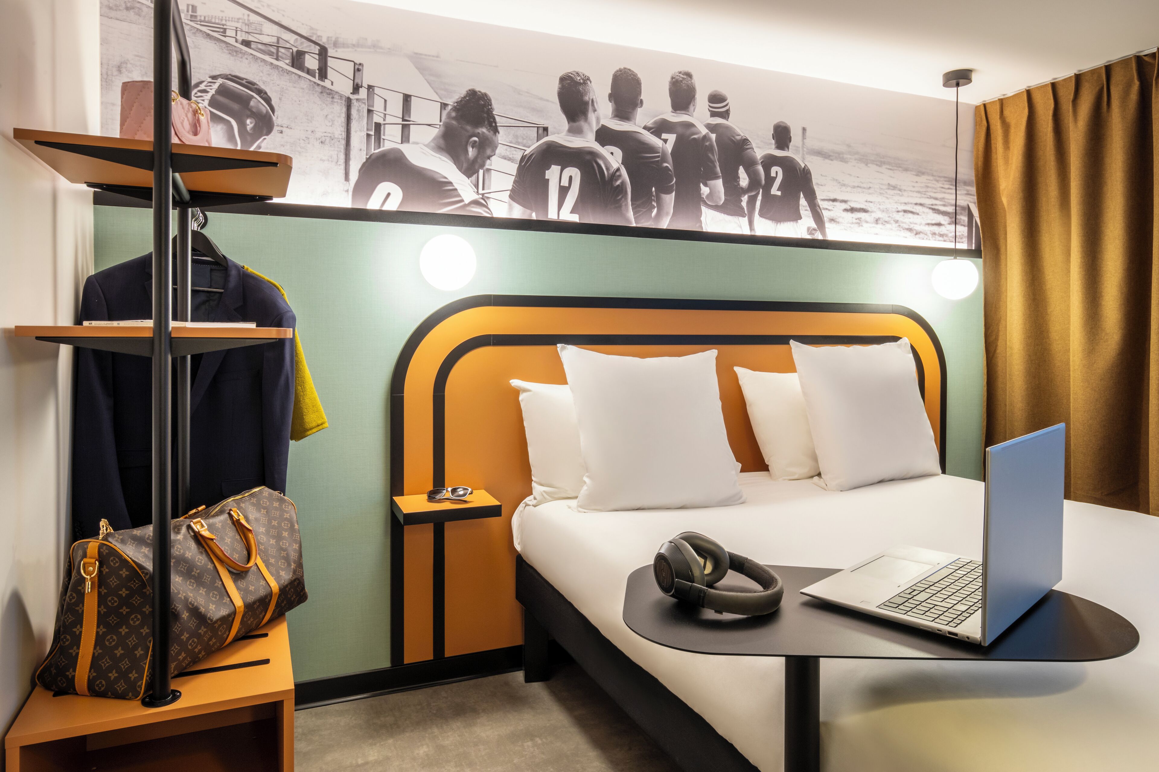 Desk, laptop workspace, blackout drapes, soundproofing