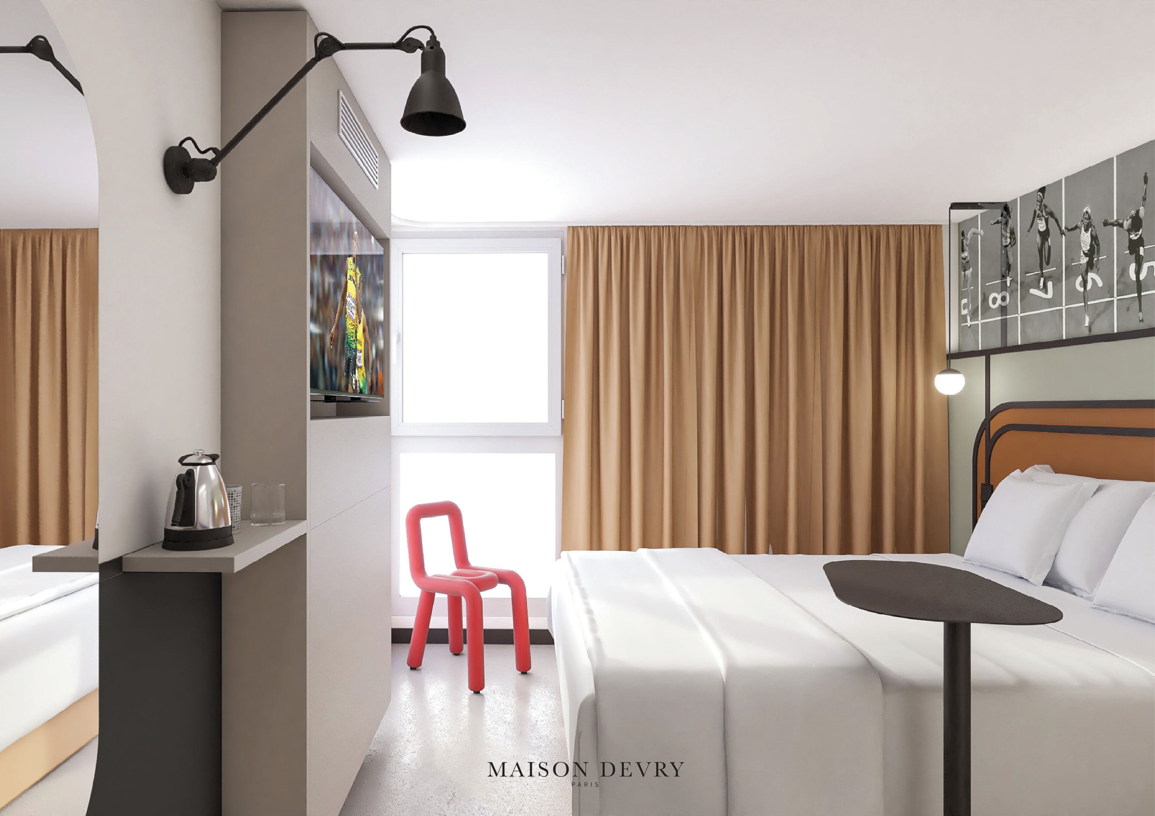 Desk, blackout drapes, soundproofing, iron/ironing board