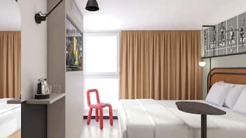 Desk, blackout curtains, soundproofing, iron/ironing board