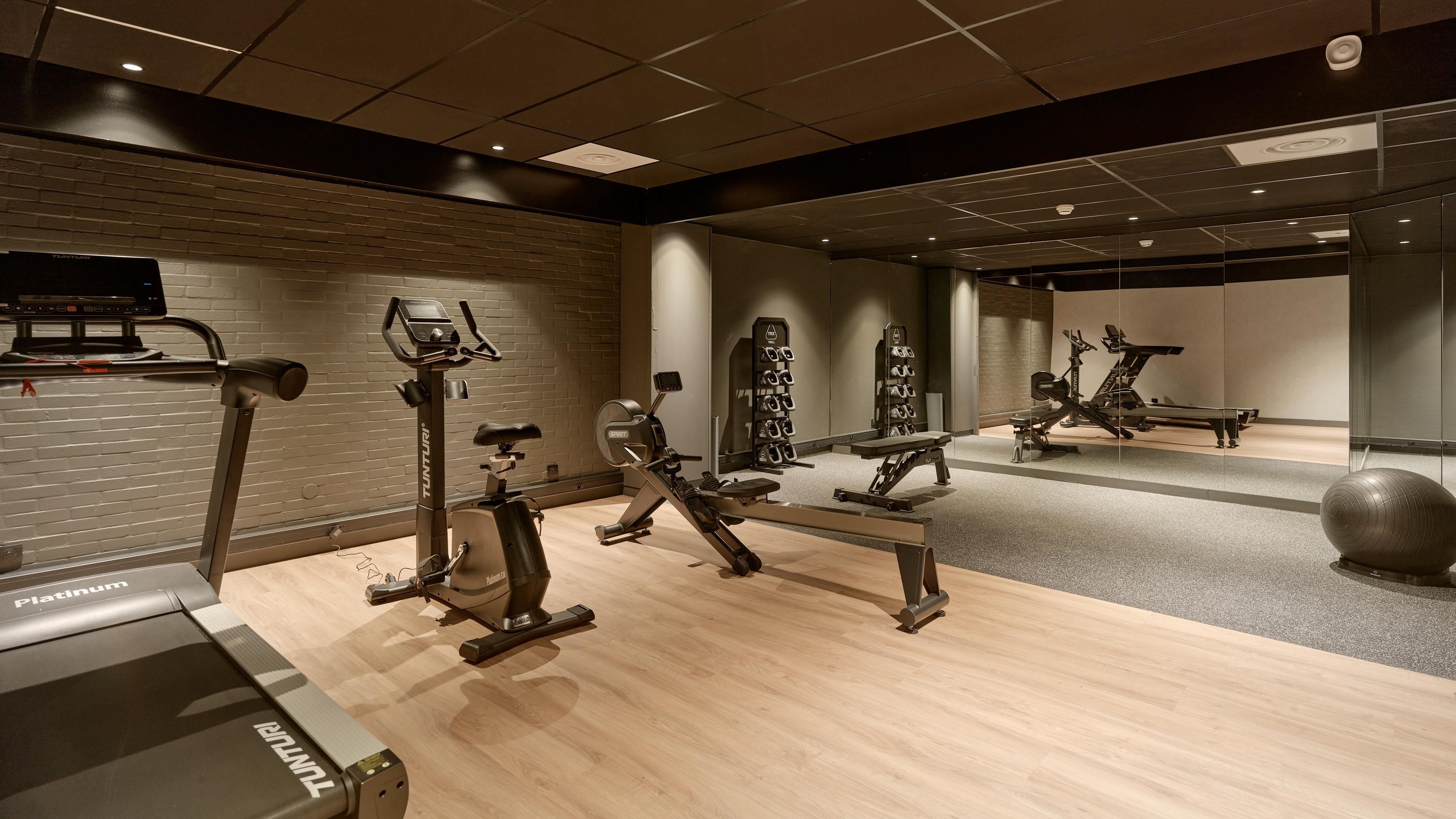Un gimnasio moderno con diversos equipos de ejercicio, entre ellos cintas de correr, bicicletas estáticas y máquinas de pesas.